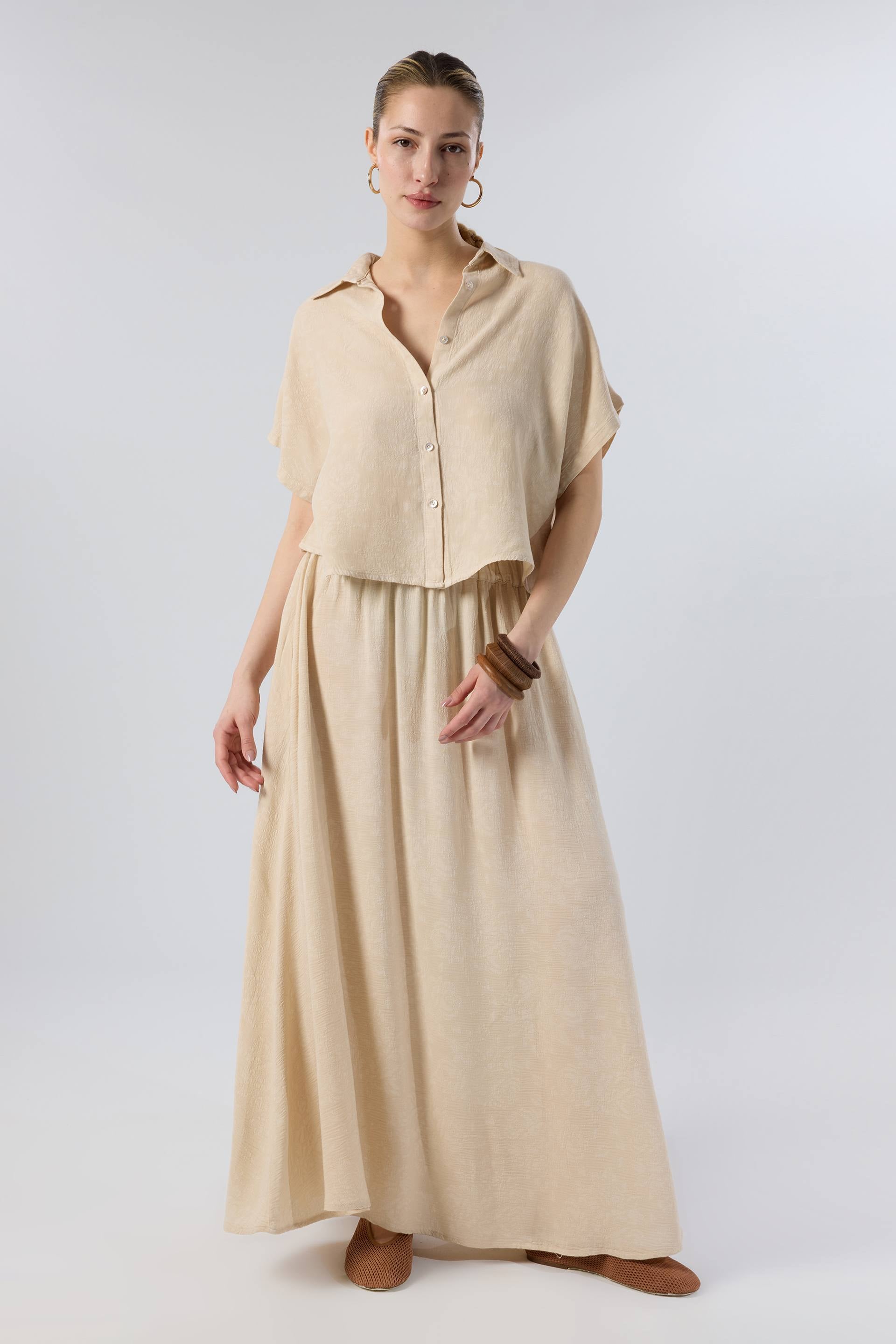 Woven Flora Dokulu Tensel Oversize Gömlek Etek #renk_Bej