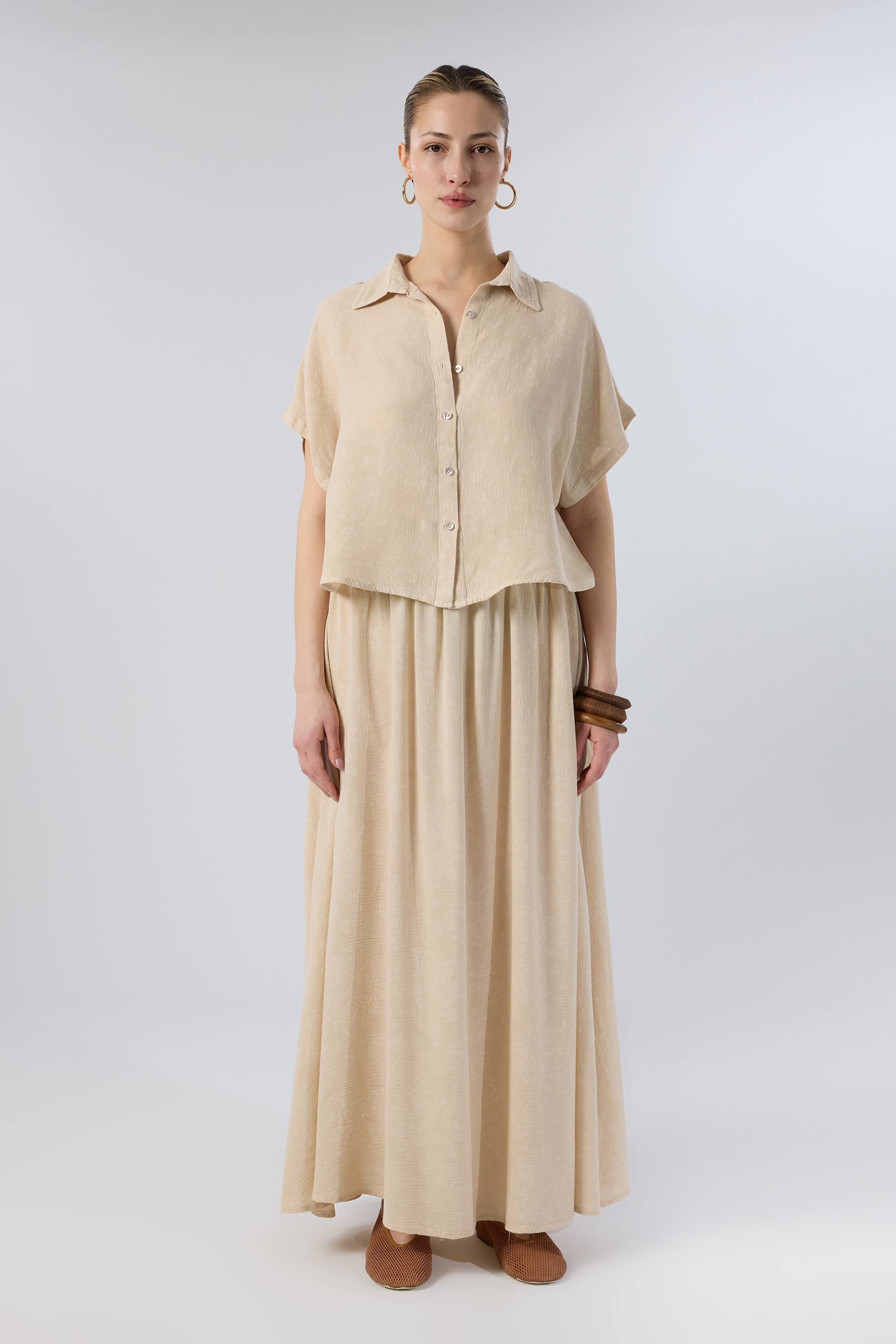 Woven Flora Dokulu Tensel Oversize Gömlek Etek #renk_Bej