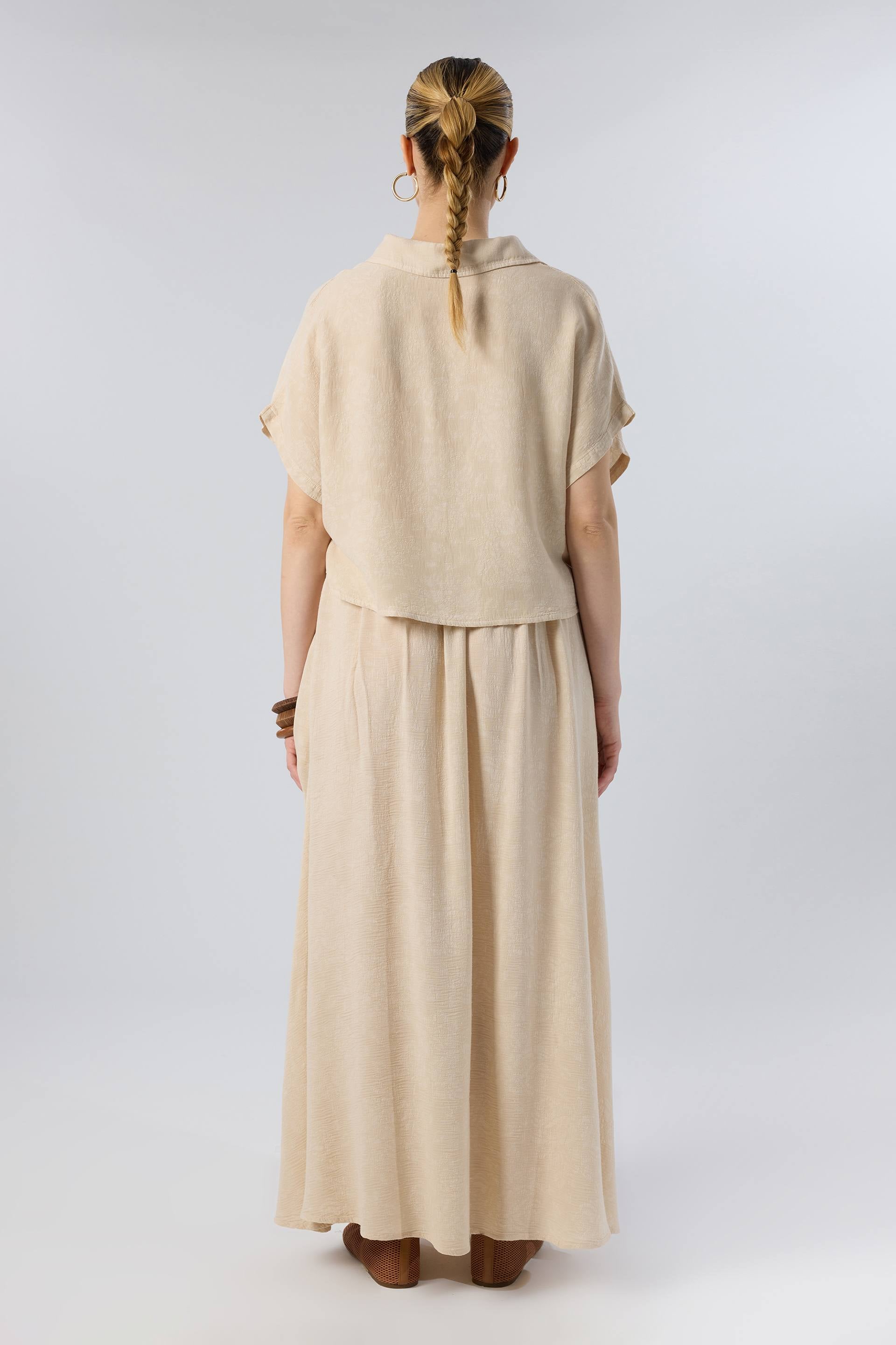 Woven Flora Dokulu Tensel Oversize Gömlek Etek #renk_Bej