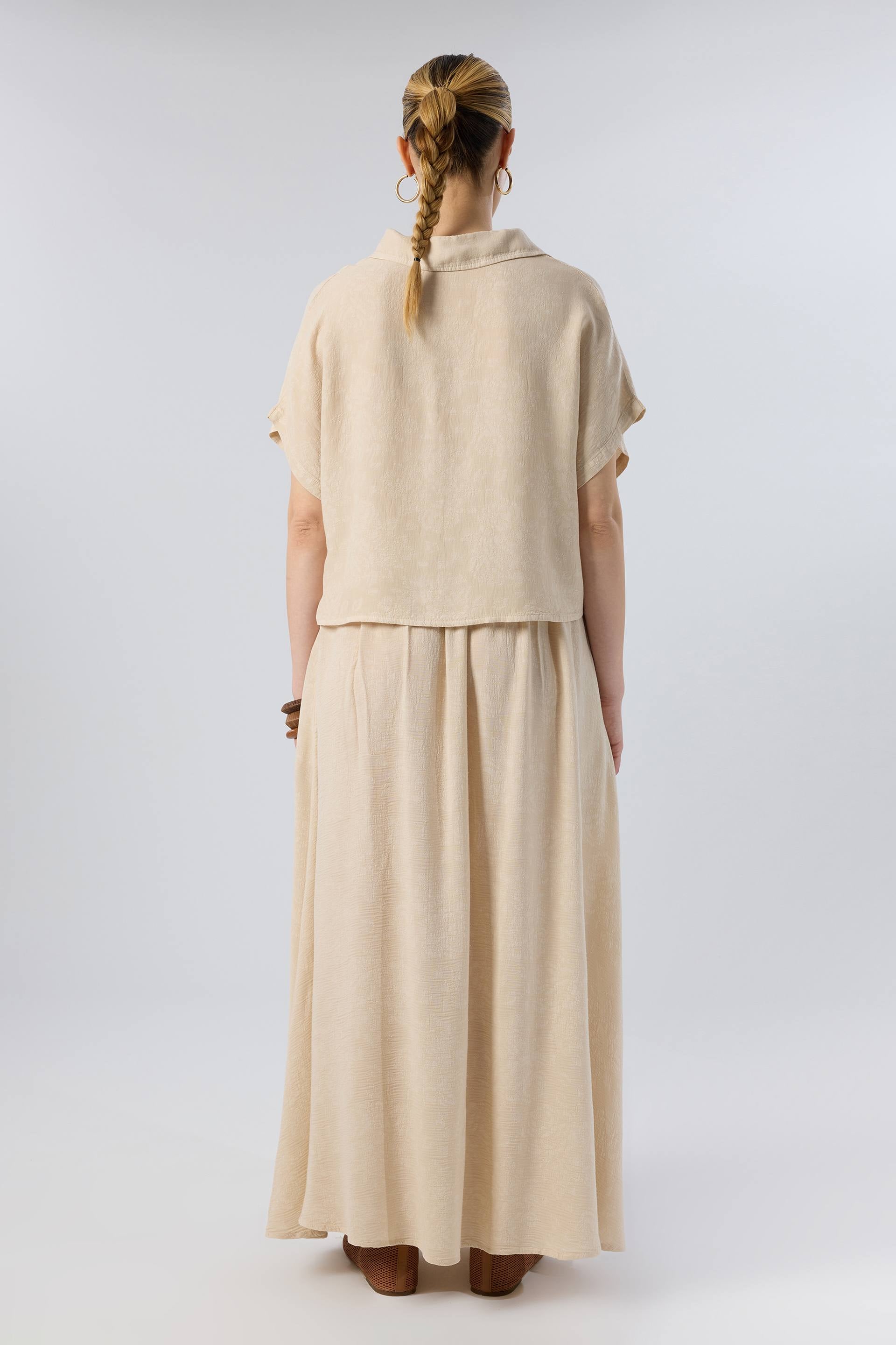 Woven Flora Dokulu Tensel Oversize Gömlek Etek #renk_Bej