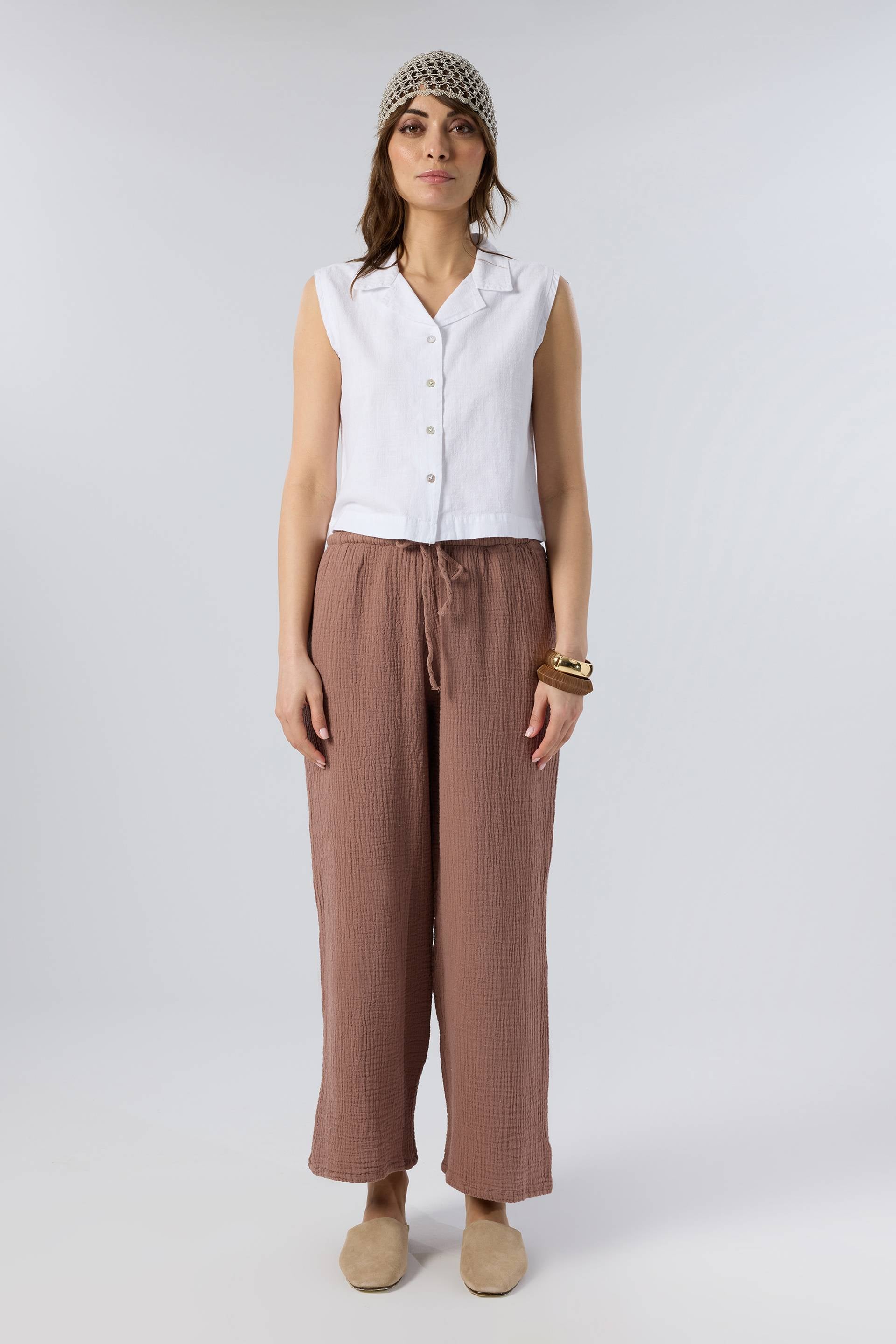 Doğal Dokulu Rahat Form Düğmeli Üst #renk_Beyaz