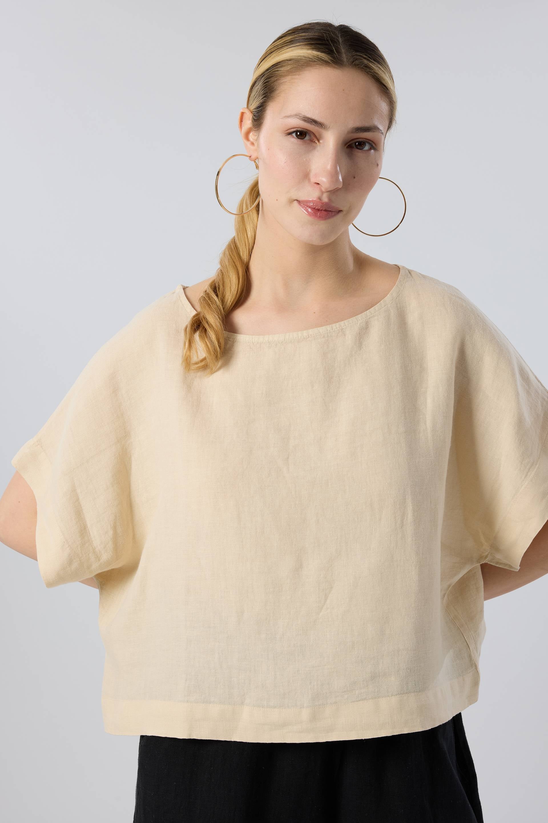 Keten Yarasa Kol Oversize Bluz #renk_Bej