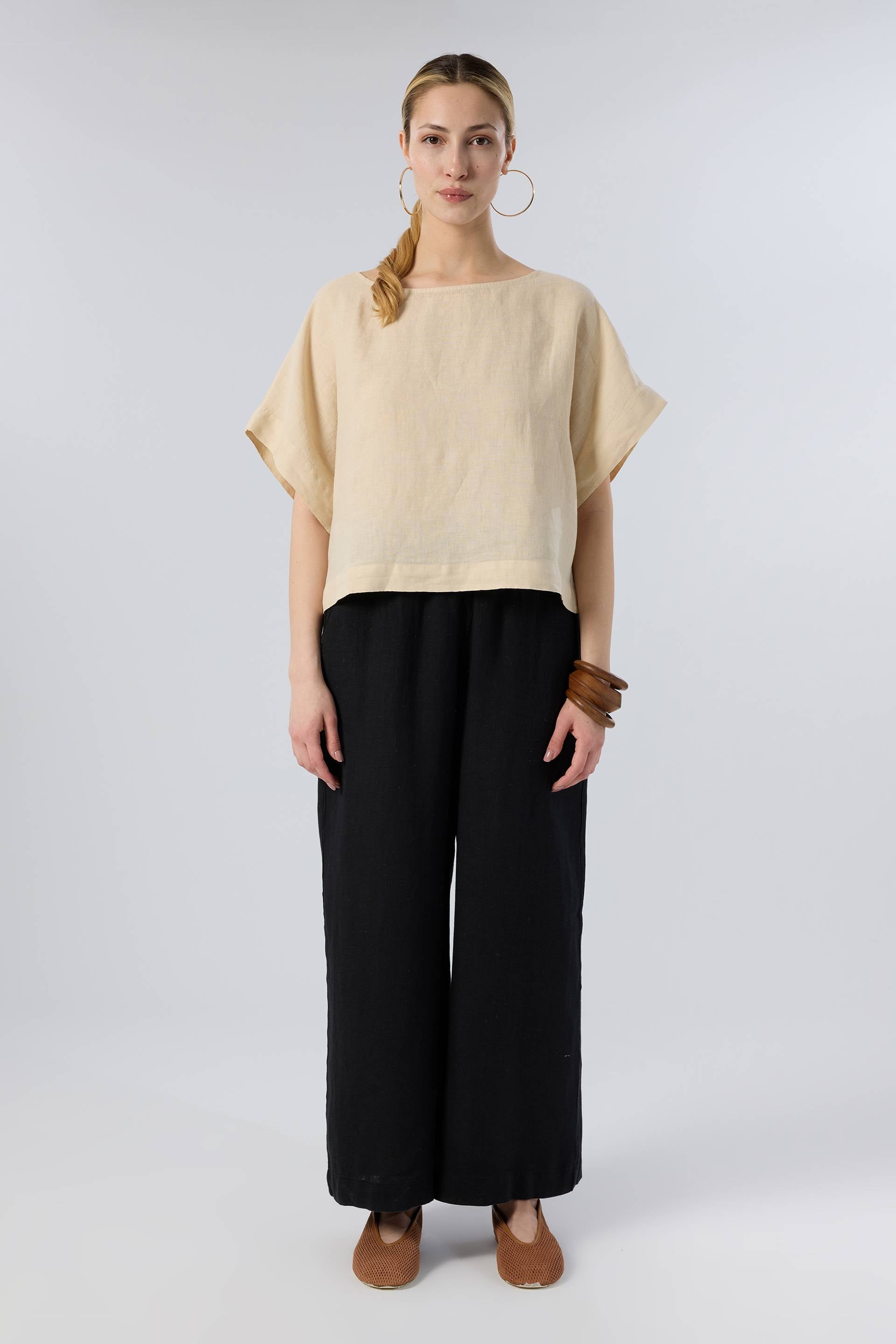 Keten Yarasa Kol Oversize Bluz #renk_Bej