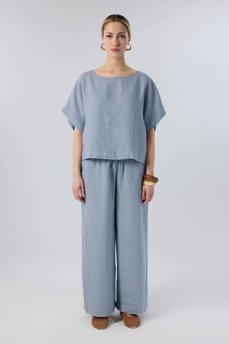 Keten Yarasa Kol Oversize Bluz — Summer Rhythm SS26, %100 keten, Puslu Mavi renk