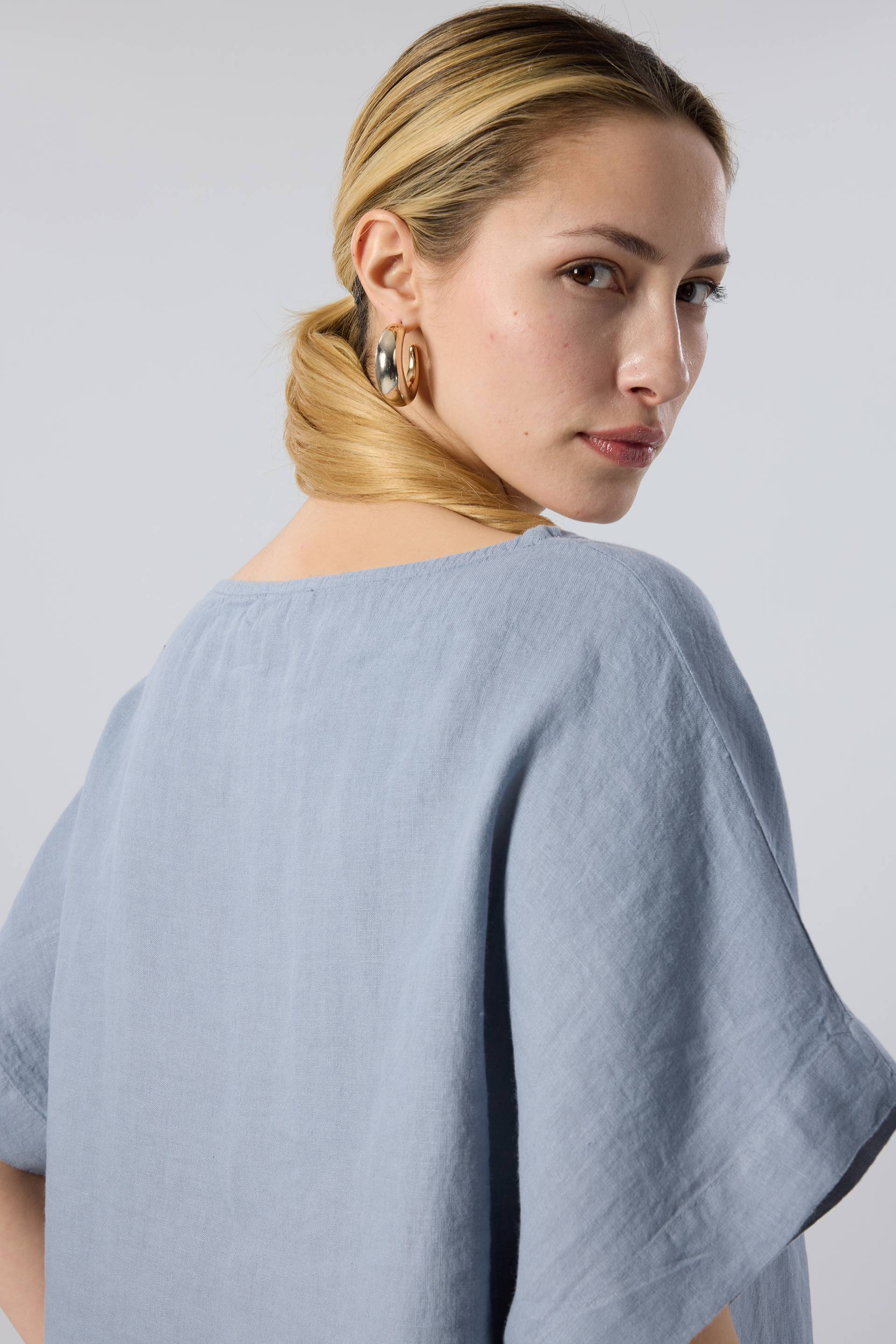 Keten Yarasa Kol Oversize Bluz #renk_Puslu Mavi