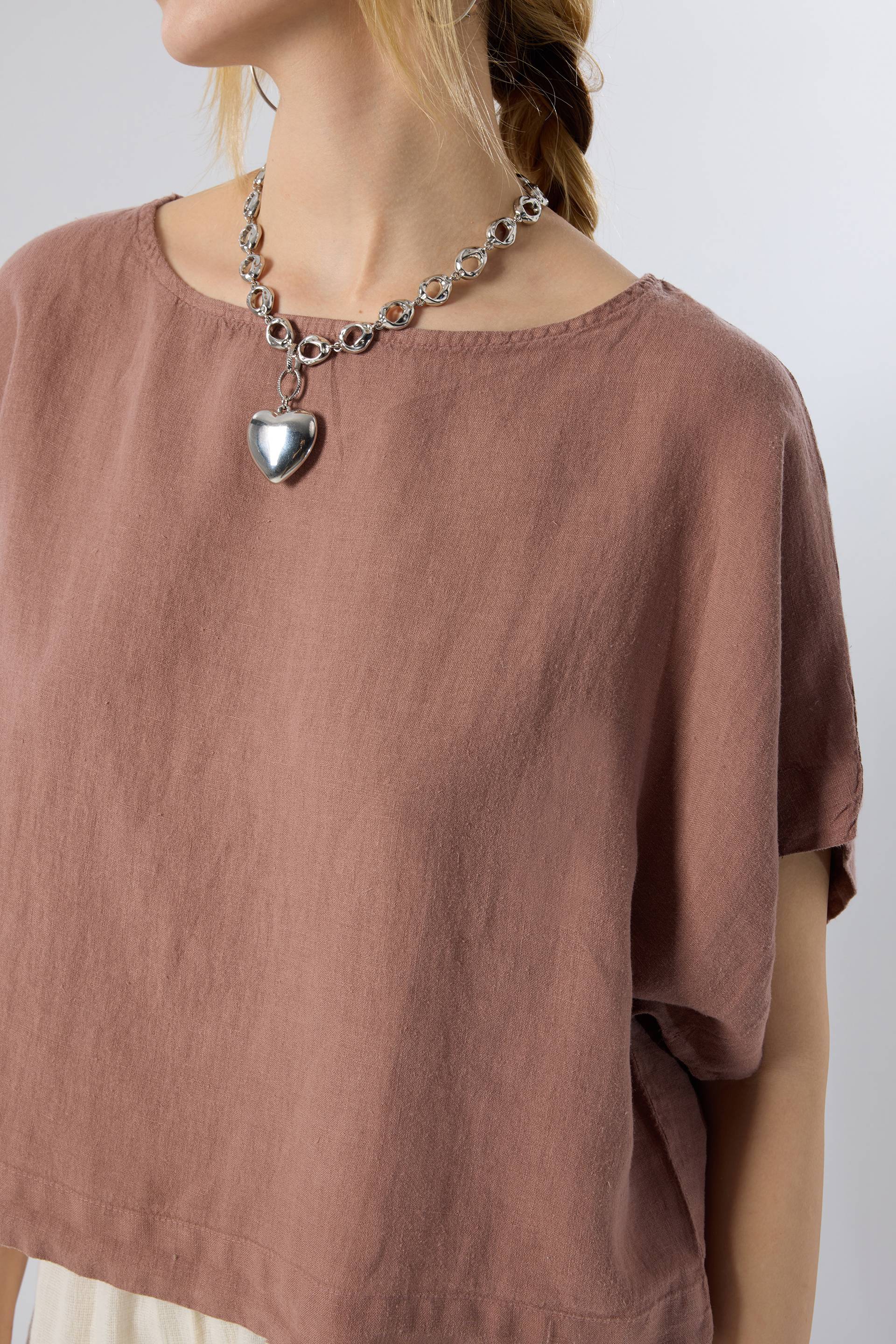 Keten Yarasa Kol Oversize Bluz #renk_Toprak Kahve