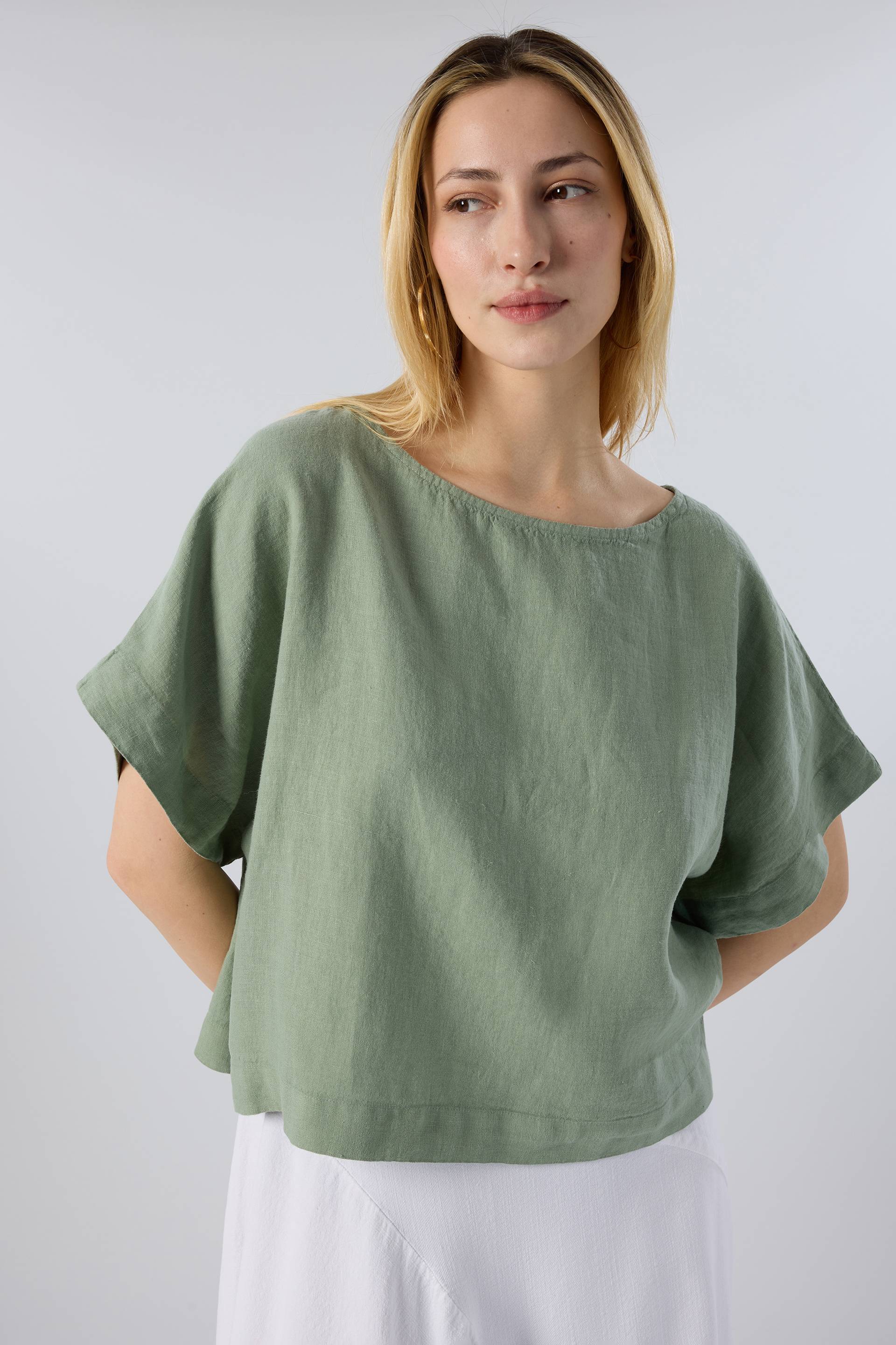 Keten Yarasa Kol Oversize Bluz #renk_Yosun Yeşili