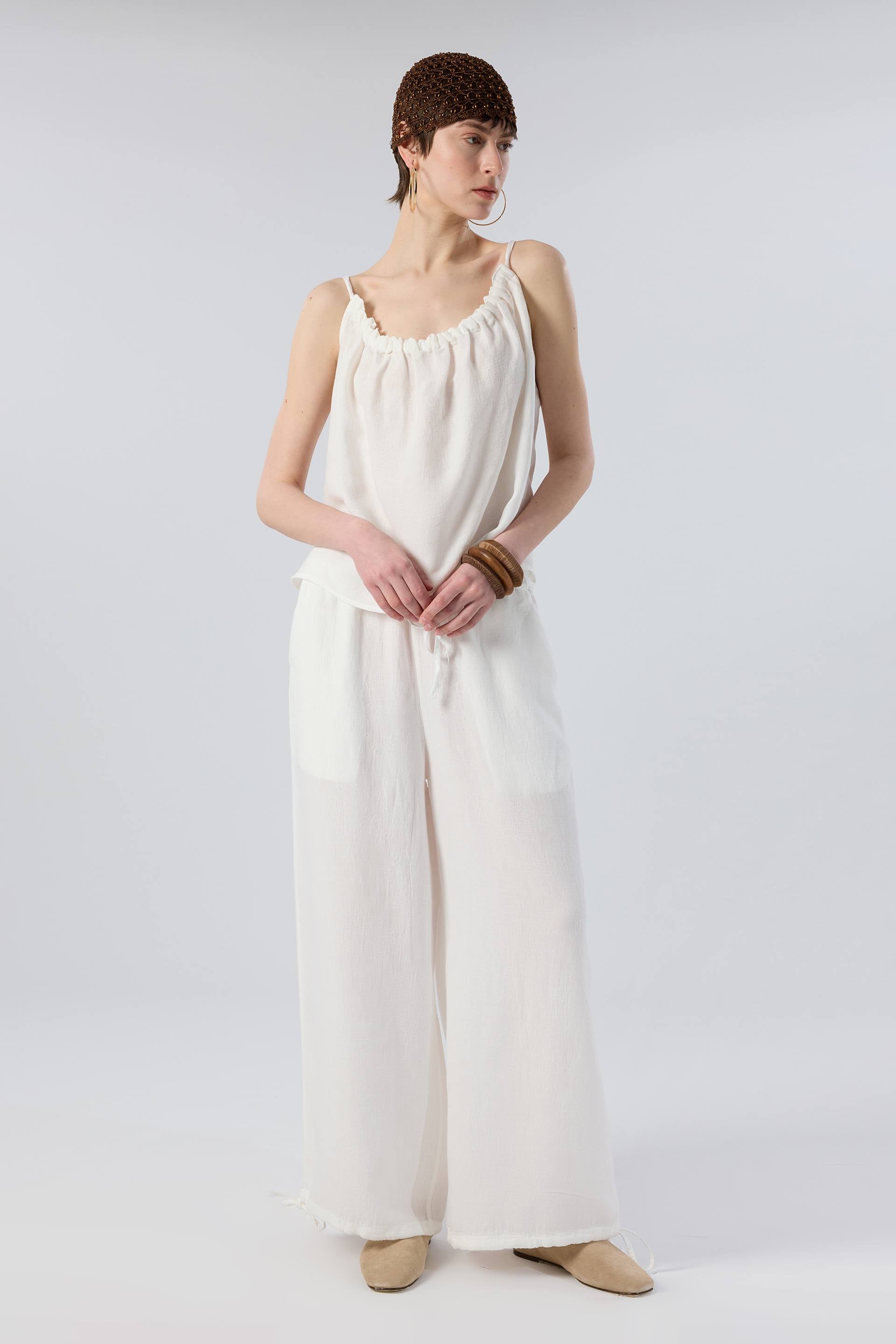 Luma Dokulu Tencel Askılı Bluz Pantolon #renk_Beyaz