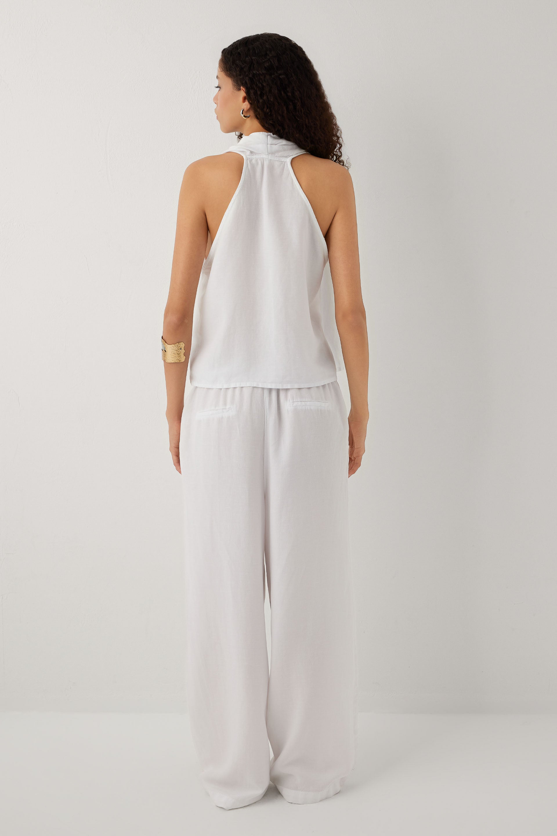 Linoflow Anvelop Yandan Bağlamalı Keten Tencel Karışımlı Kadın Bluz #renk_Beyaz