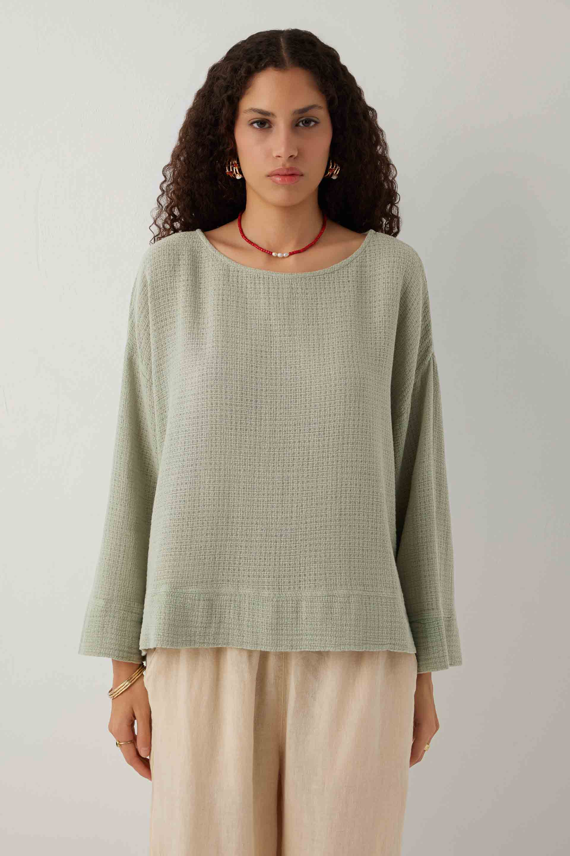 Ease Kimono Kollu Kadın Bluz #renk_Ada Çayı