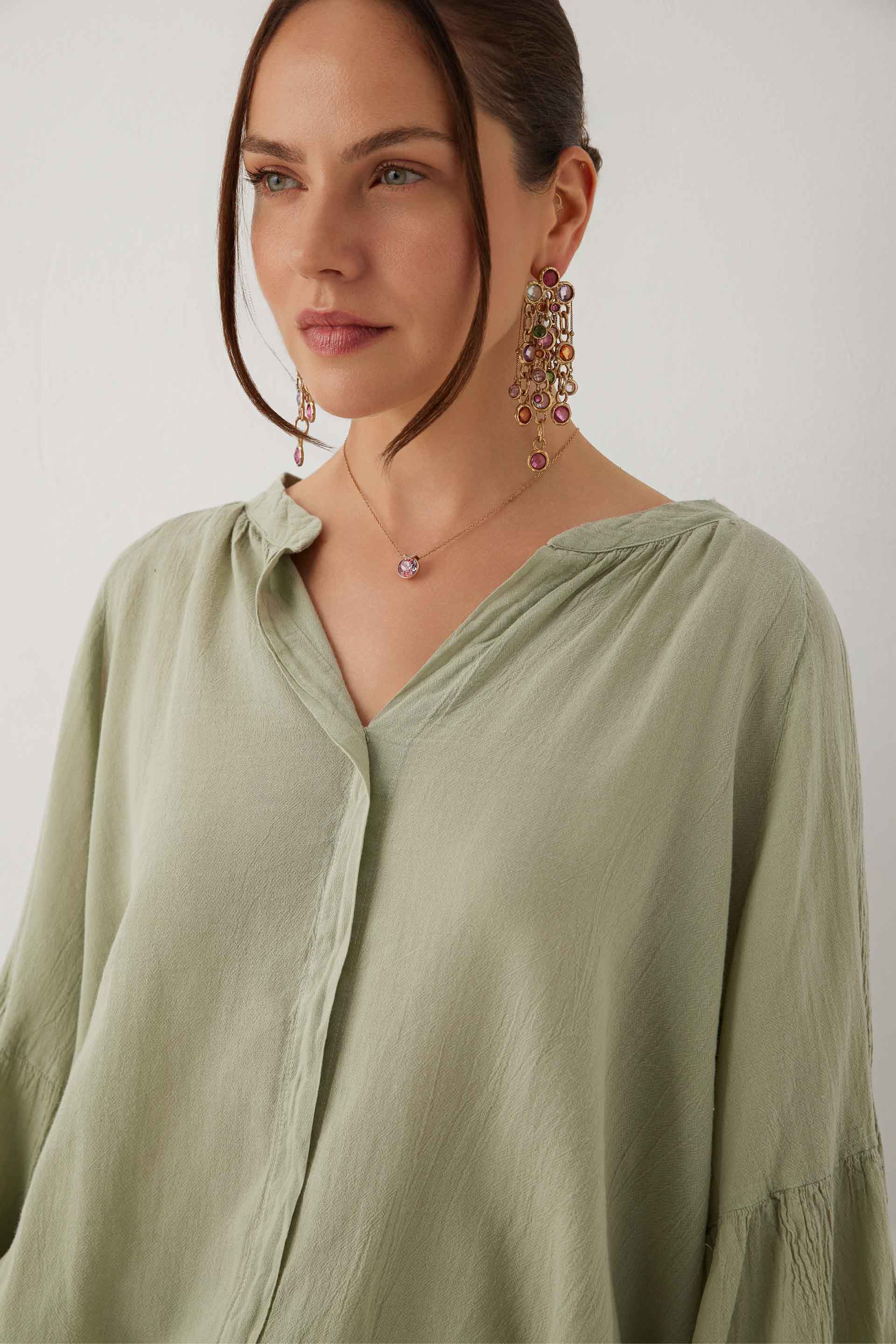 Breeze Balon Kollu Kadın Tencel Pamuk Bluz #renk_Ada Çayı
