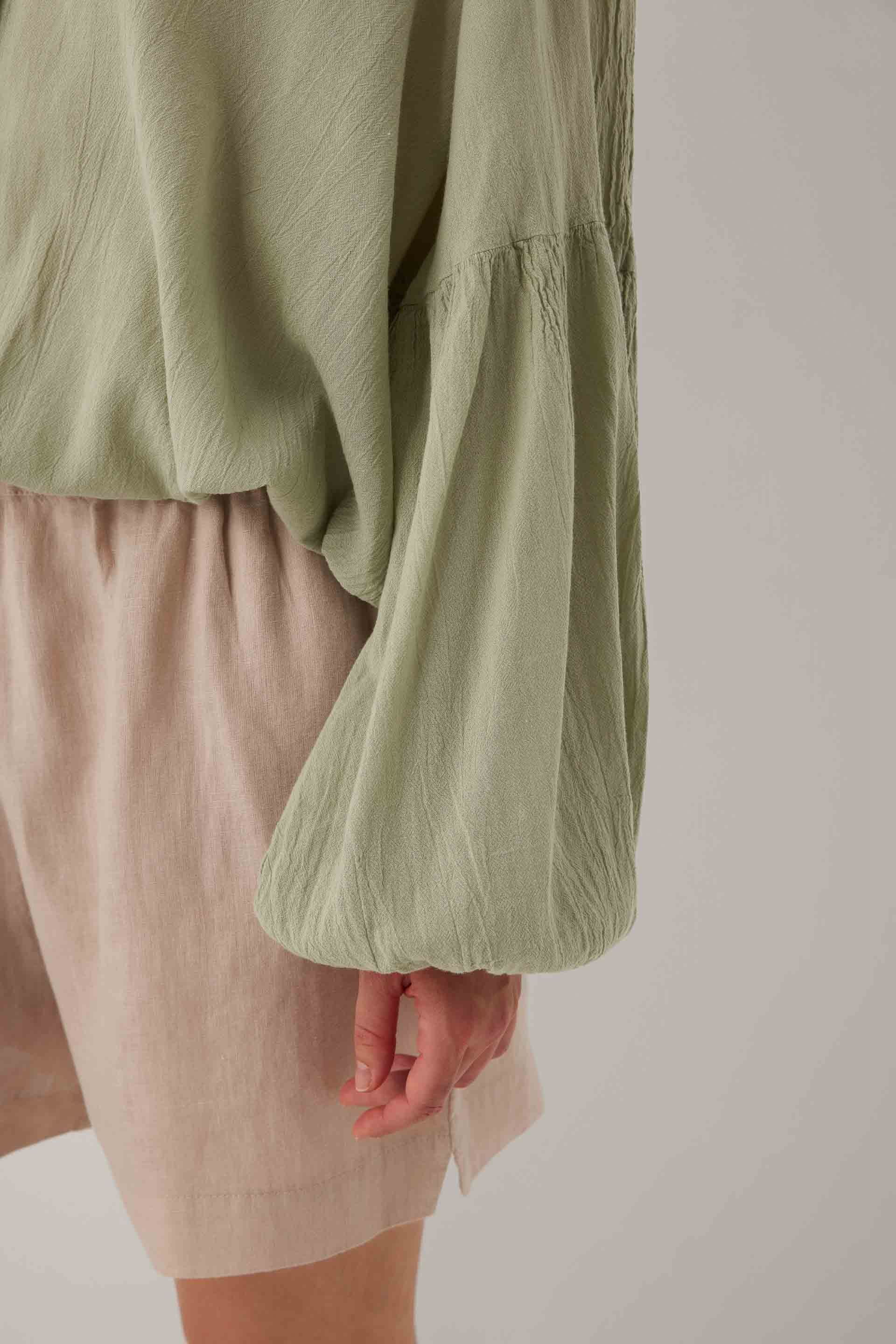 Breeze Balon Kollu Kadın Tencel Pamuk Bluz #renk_Ada Çayı