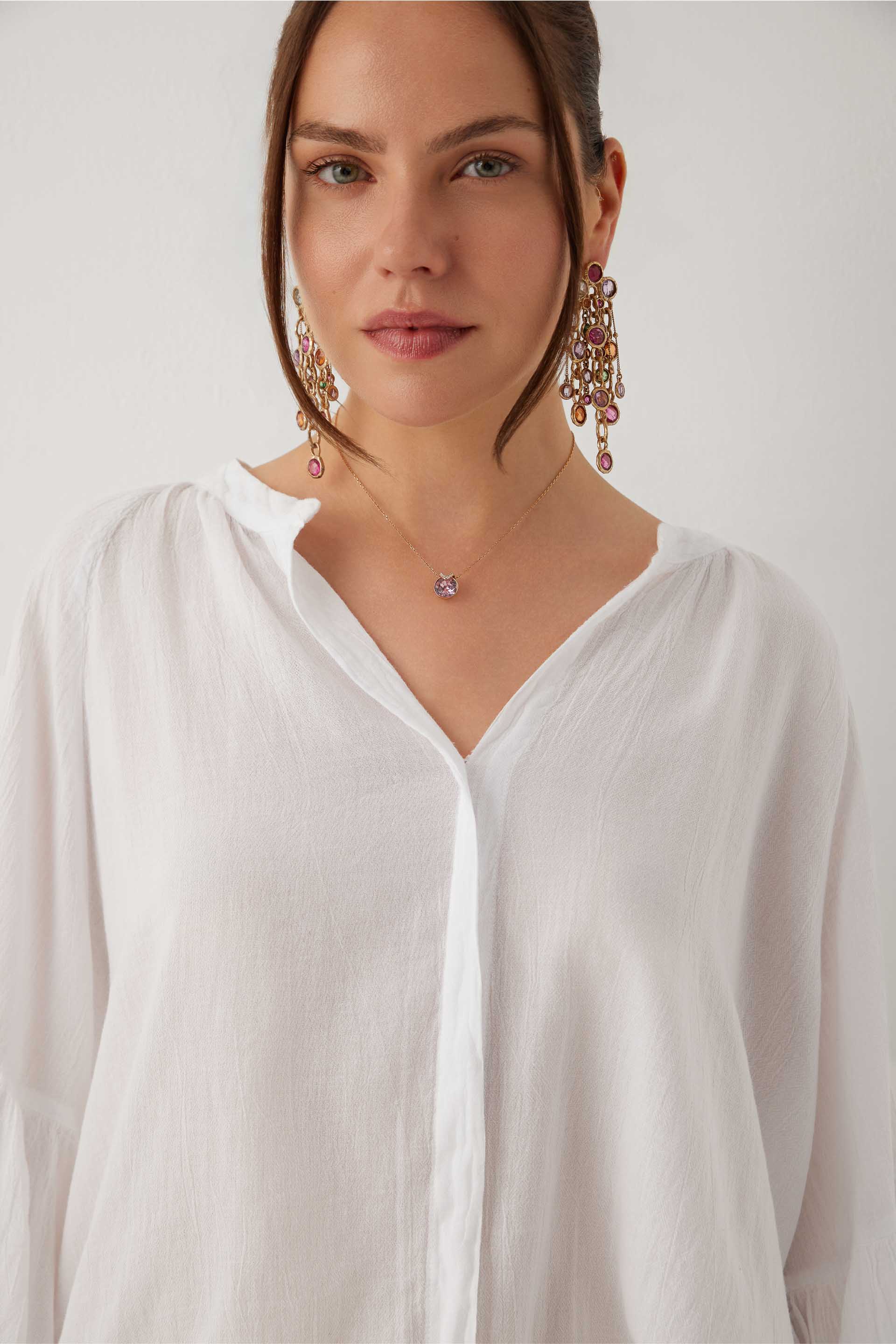 Breeze Balon Kollu Kadın Tencel Pamuk Bluz #renk_Beyaz