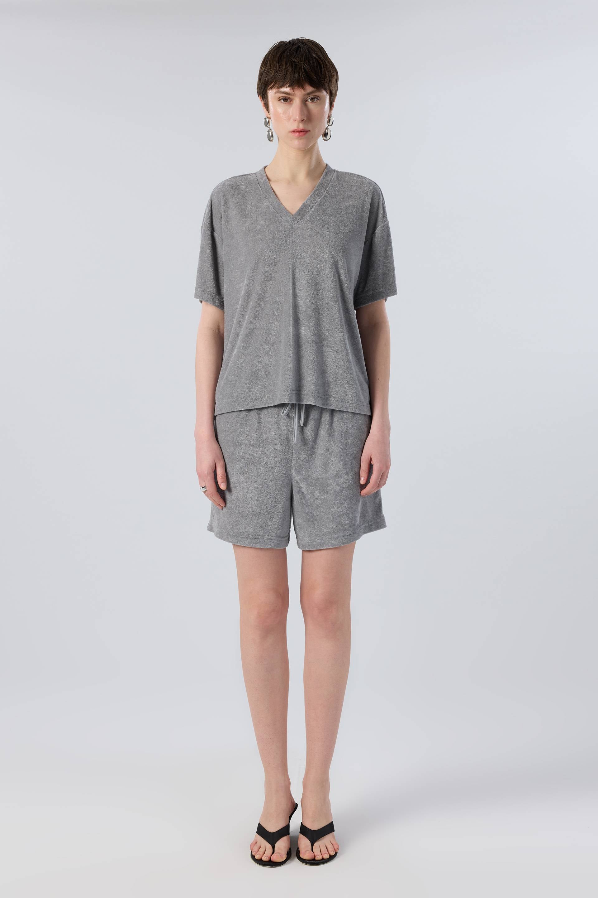 Terry Flow Havlu Kumaş Modal V Yaka Kadın Tişört #renk_Koyu Gri