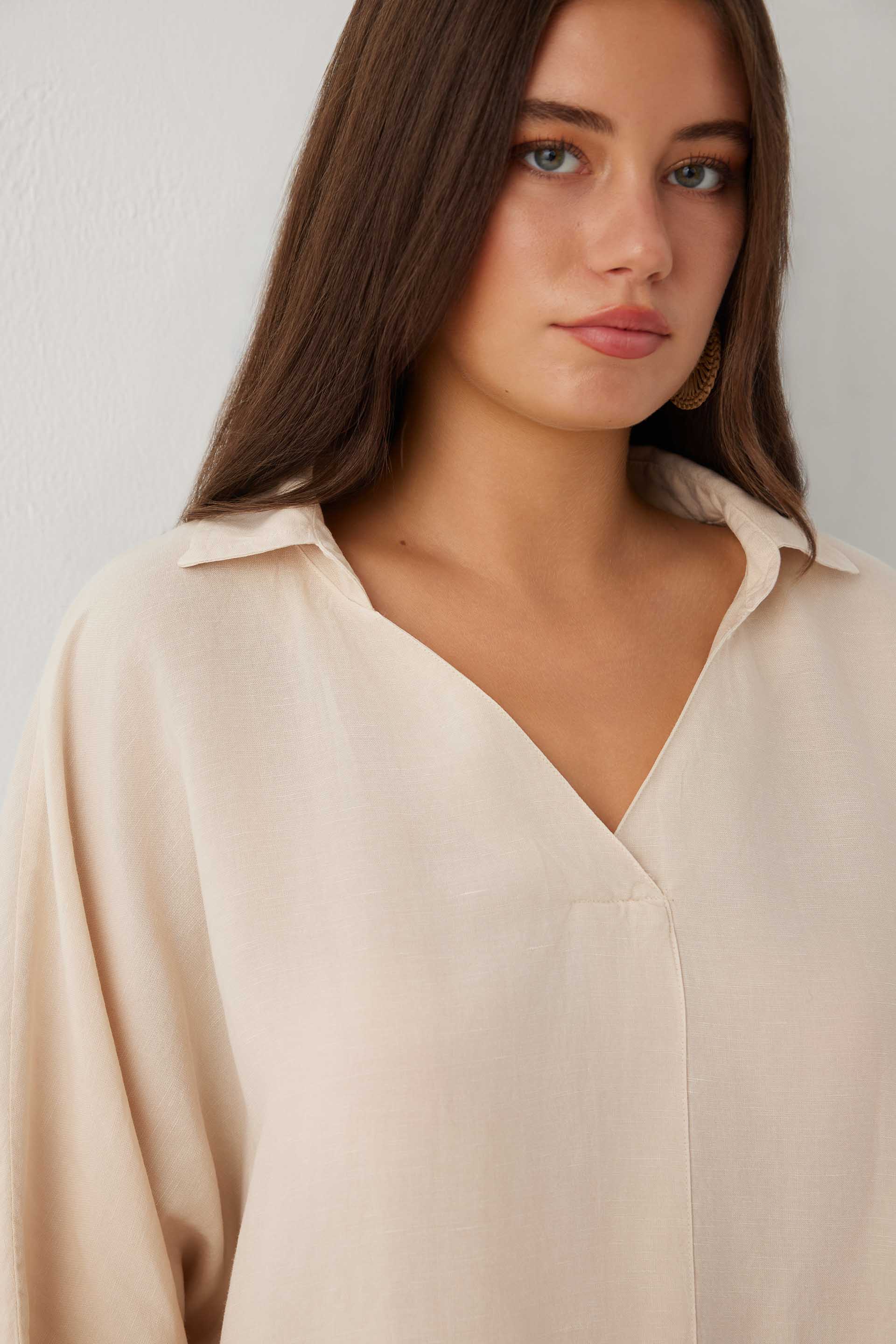 Linoflow Tensel Keten V Yaka Oversize Bluz