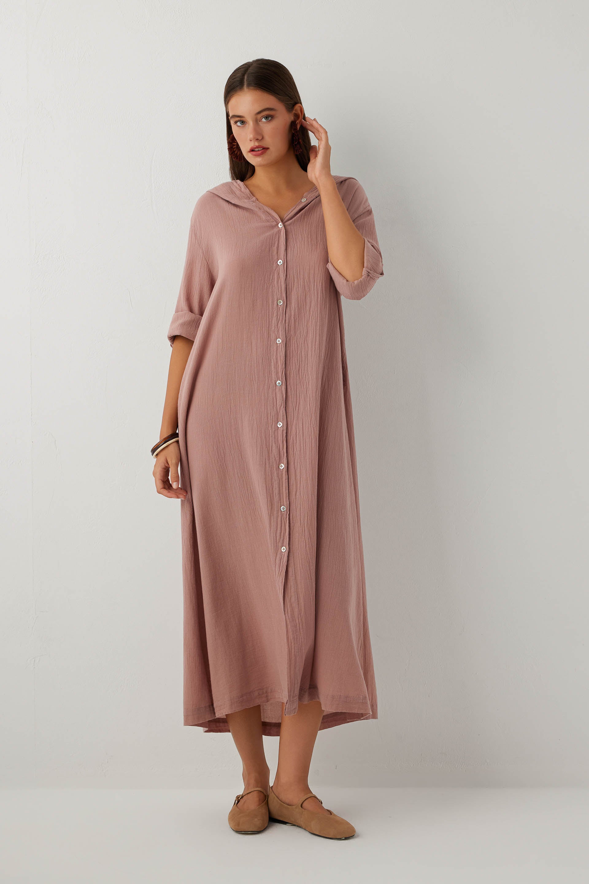 Breeze Kapüşonlu Gömlek Elbise #renk_Rose