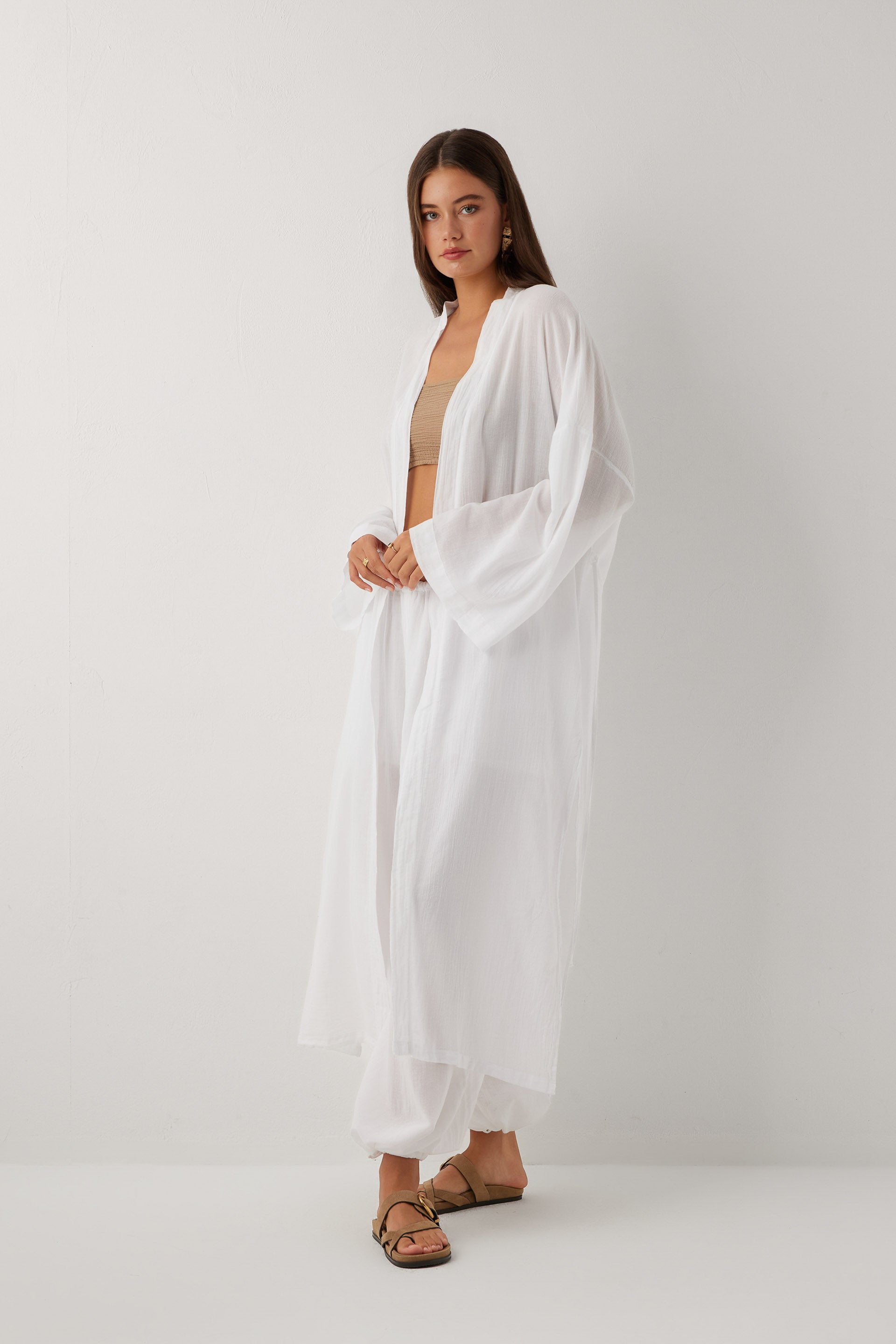Soleo Uzun Vual Pamuk Uzun Kollu Kadın Kimono Sabahlık #renk_Beyaz