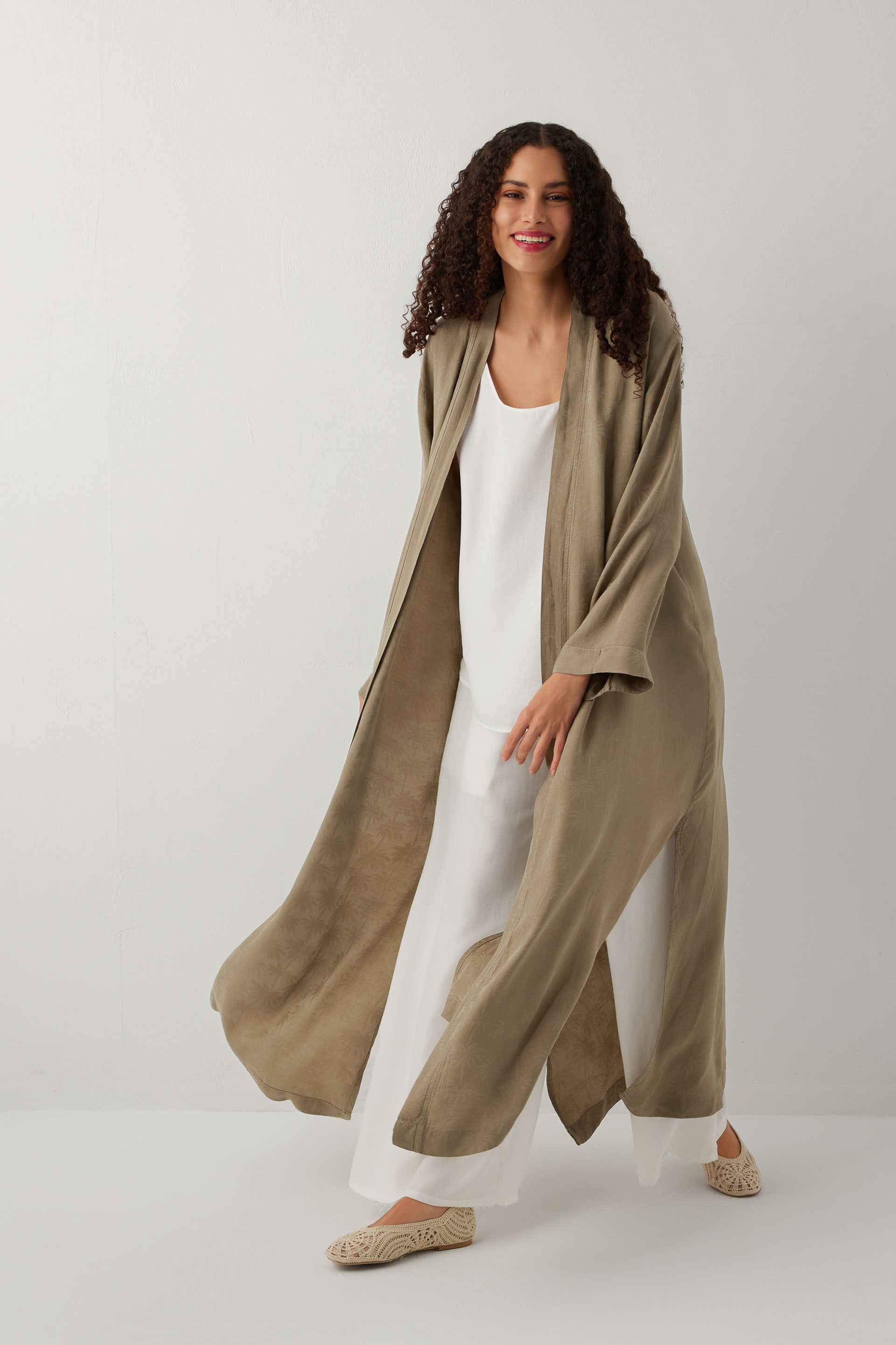 Woven Flora Palm Flow Tencel Uzun Kollu Kadın Kimono Sabahlık #renk_Olive