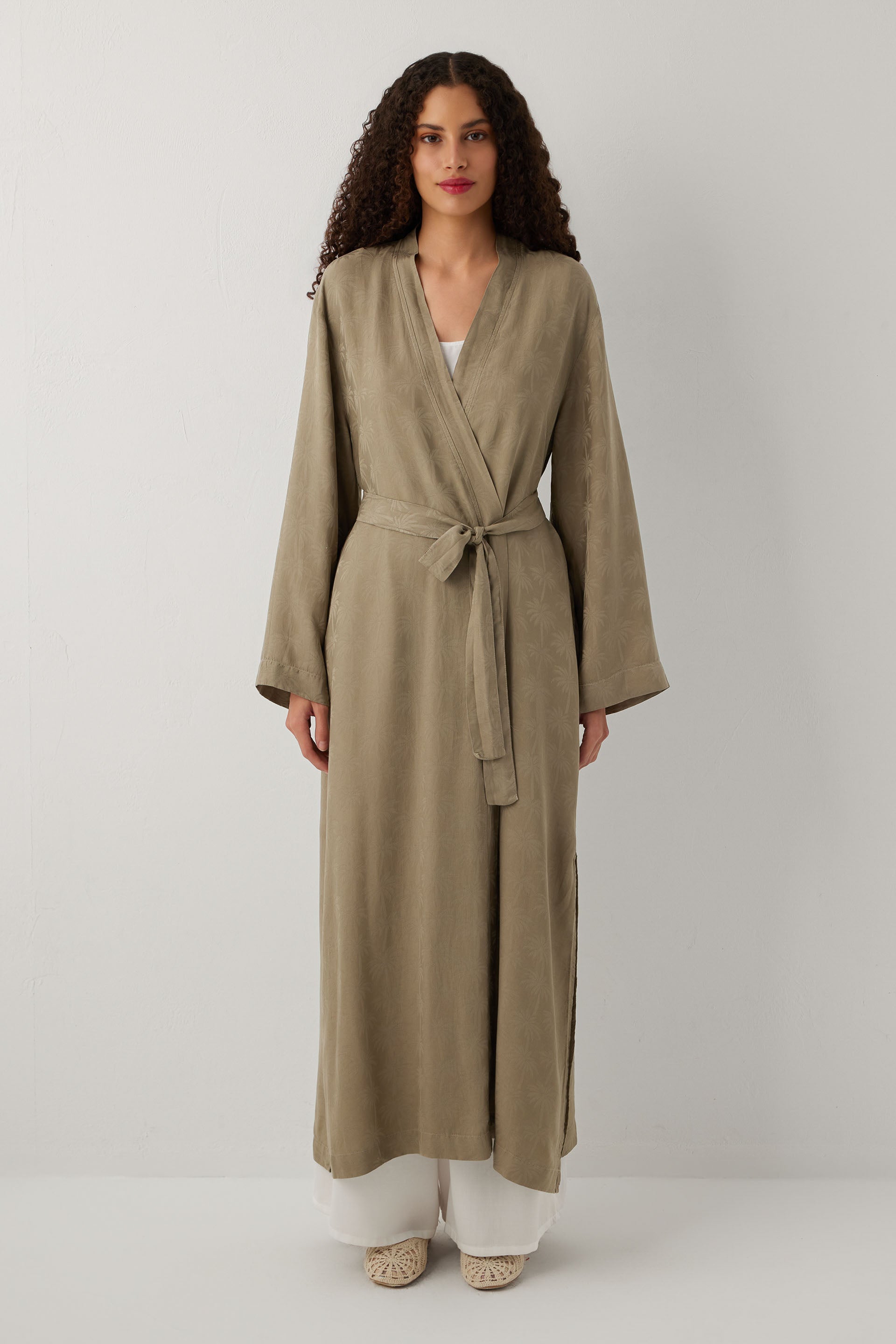 Woven Flora Palm Flow Tencel Uzun Kollu Kadın Kimono Sabahlık #renk_Olive