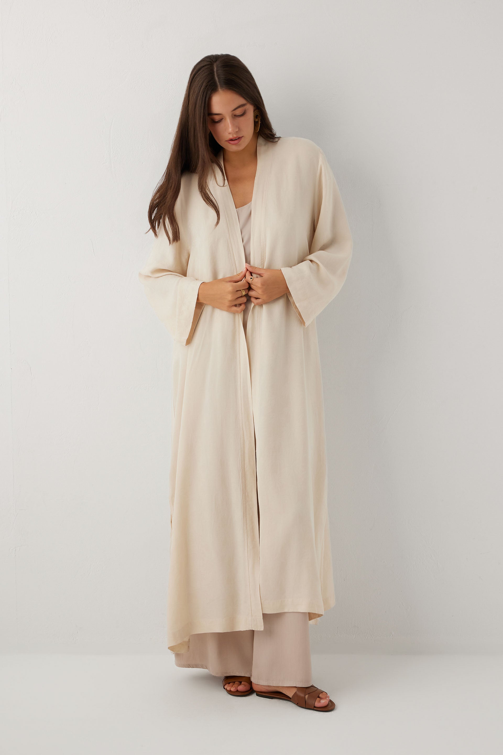 Woven Flora Palm Flow Tencel Uzun Kollu Kadın Kimono Sabahlık #renk_Bej