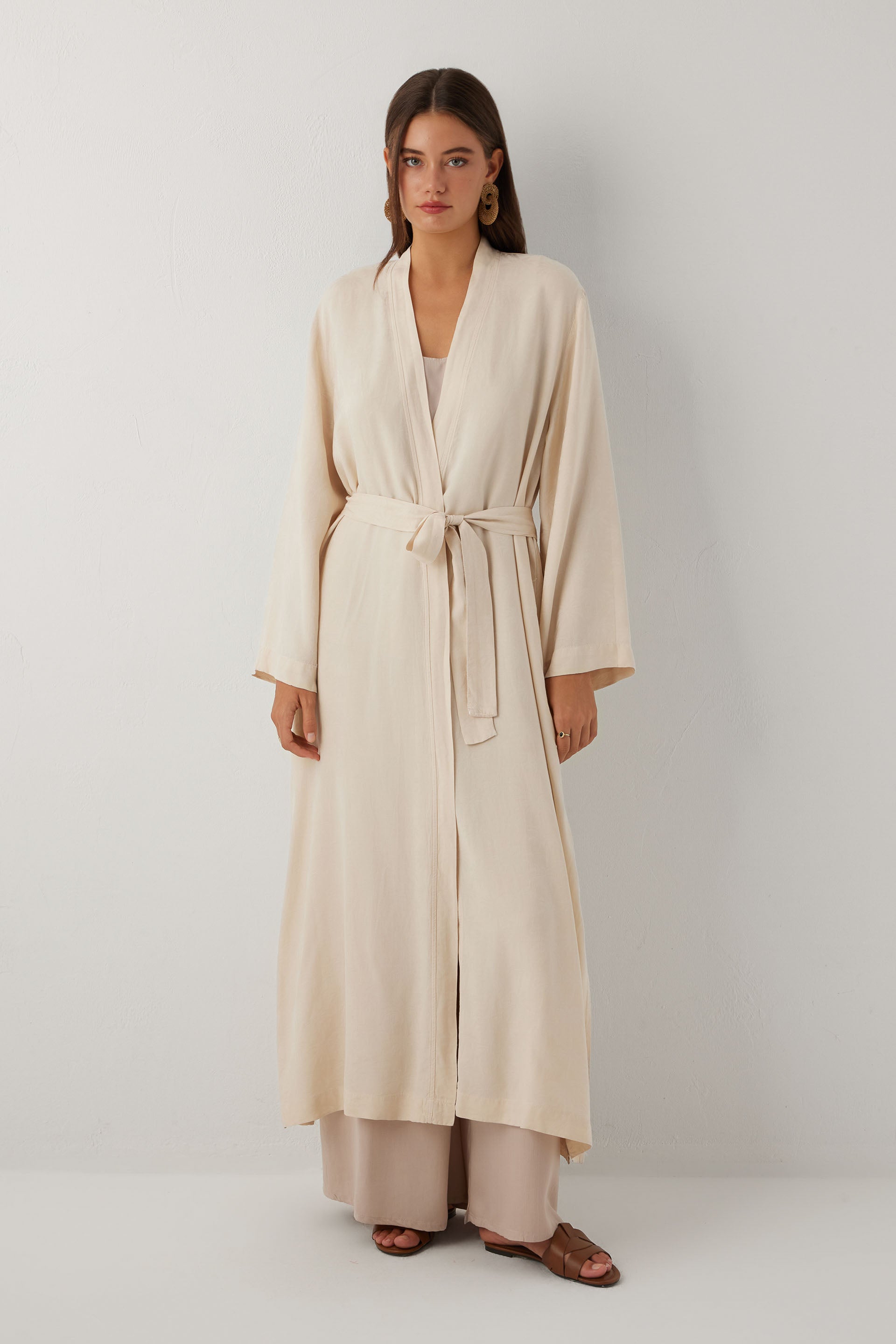 Woven Flora Palm Flow Tencel Uzun Kollu Kadın Kimono Sabahlık #renk_Bej