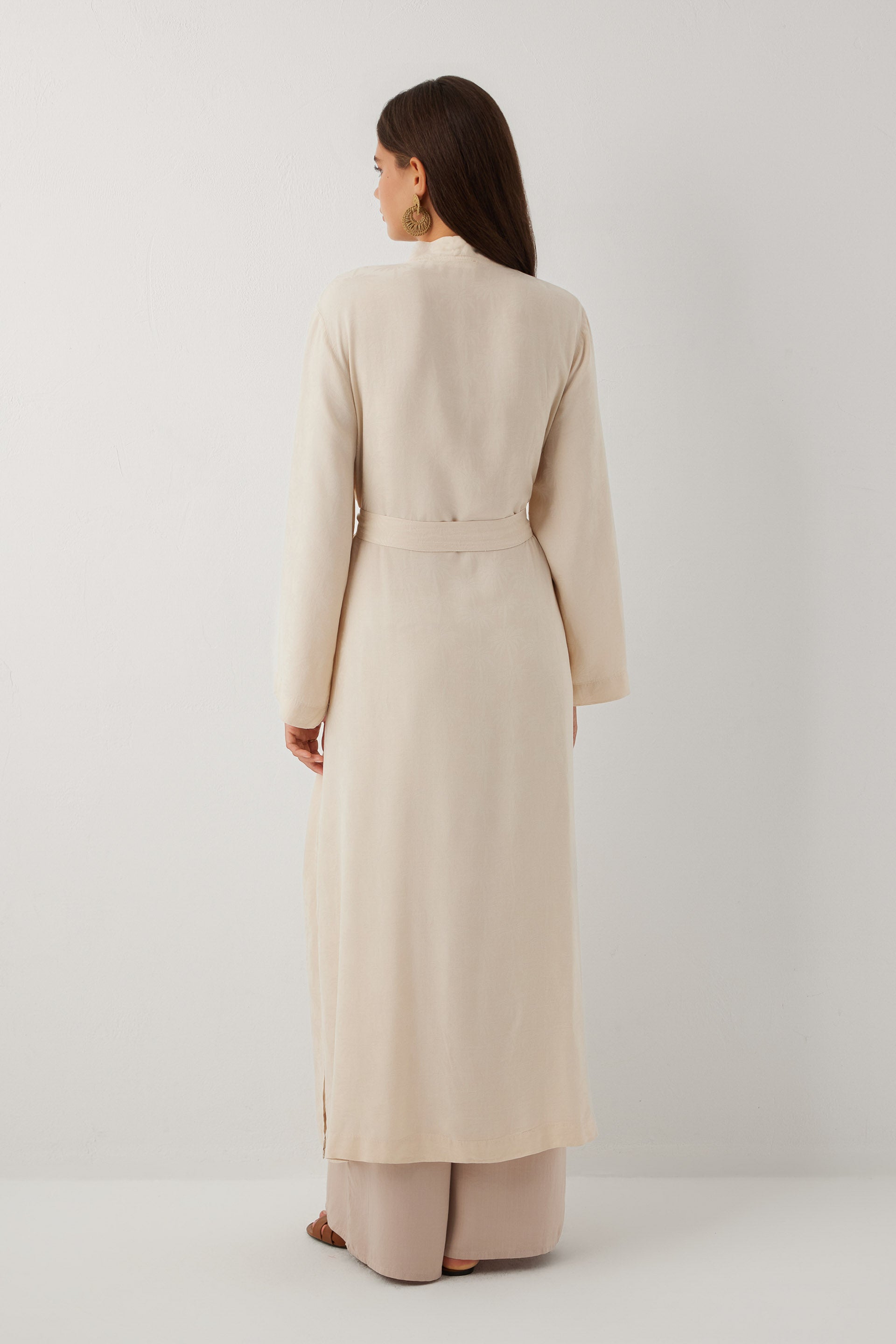 Woven Flora Palm Flow Tencel Uzun Kollu Kadın Kimono Sabahlık #renk_Bej