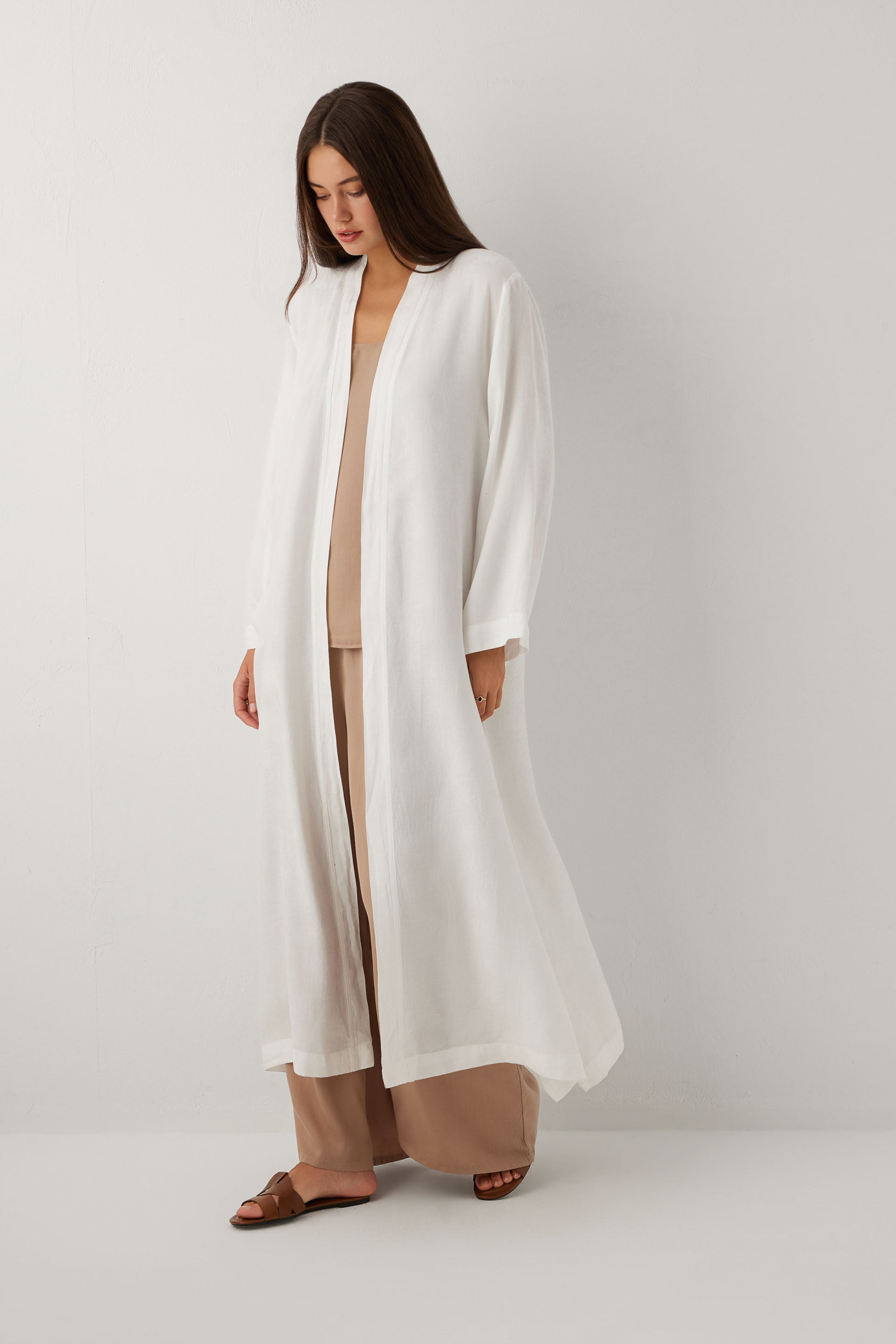 Woven Flora Palm Flow Tencel Uzun Kollu Kadın Kimono Sabahlık #renk_Beyaz