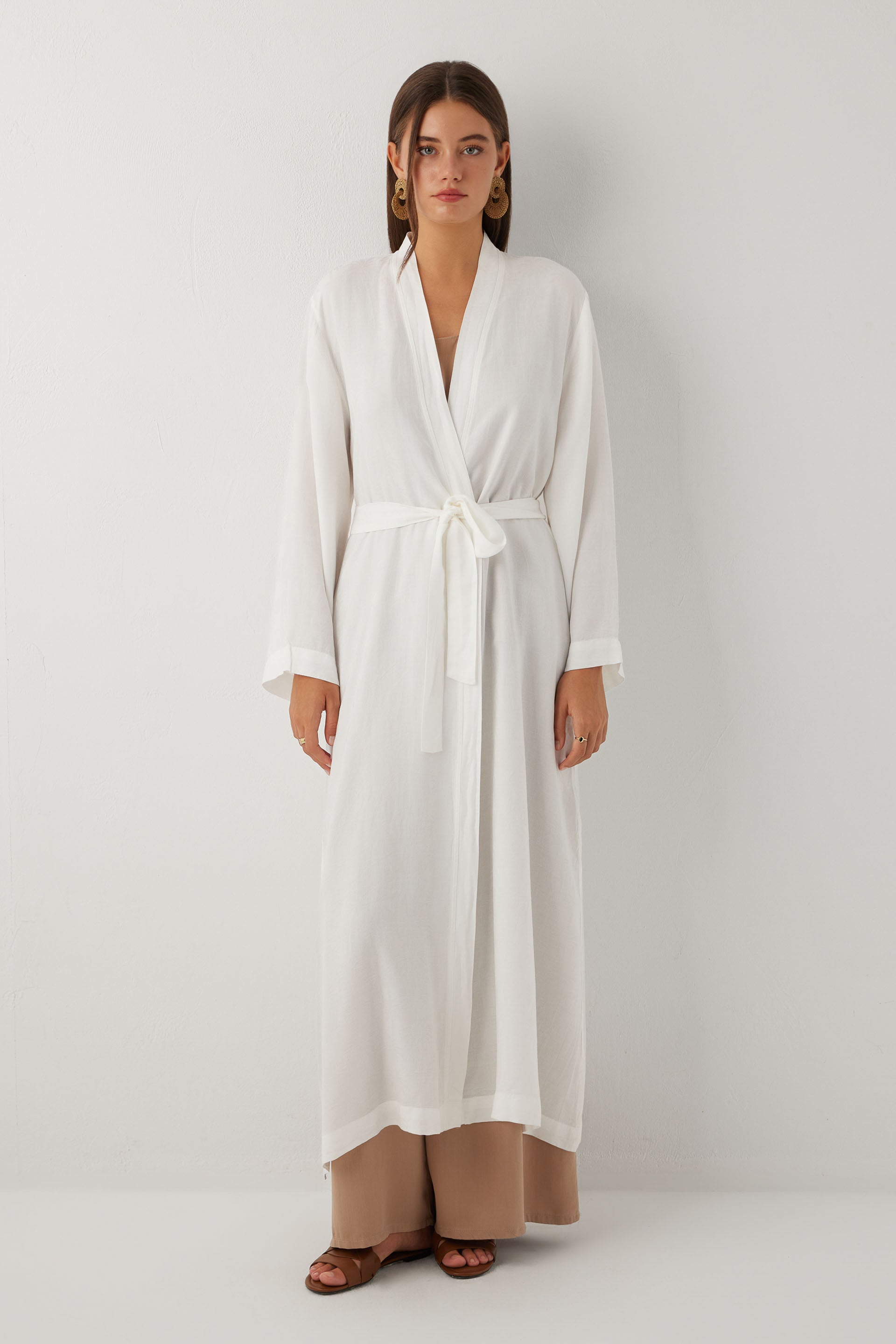 Woven Flora Palm Flow Tencel Uzun Kollu Kadın Kimono Sabahlık #renk_Beyaz