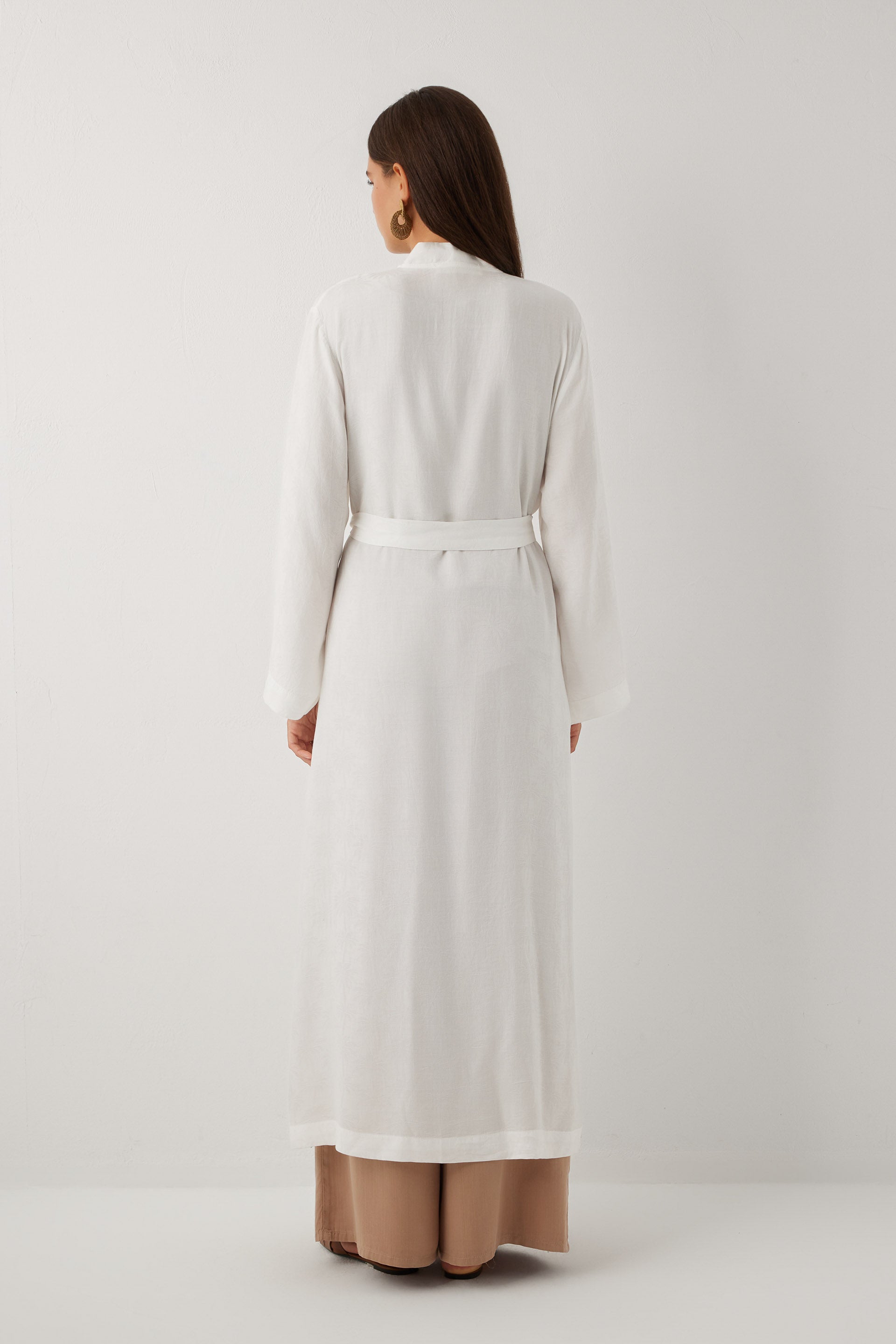 Woven Flora Palm Flow Tencel Uzun Kollu Kadın Kimono Sabahlık #renk_Beyaz