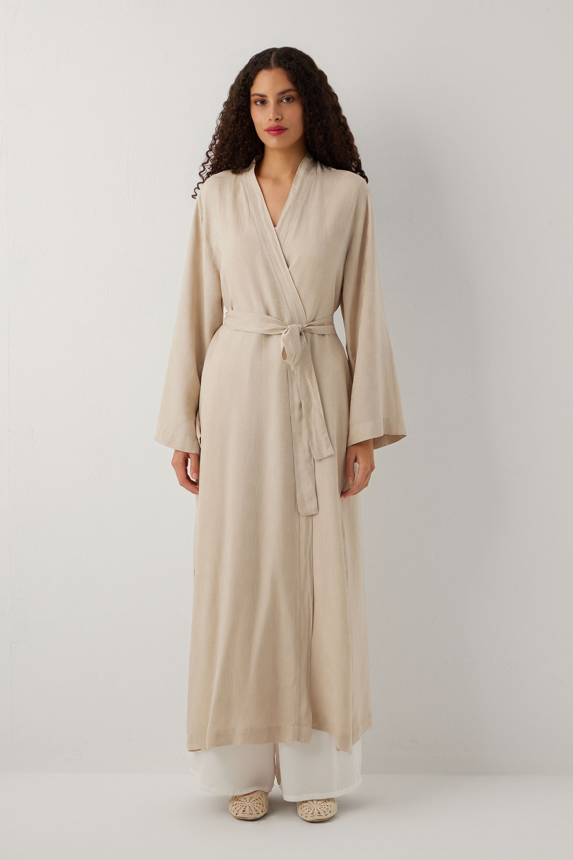 Woven Flora Palm Flow Tencel Uzun Kollu Kadın Kimono Sabahlık #renk_Vizon