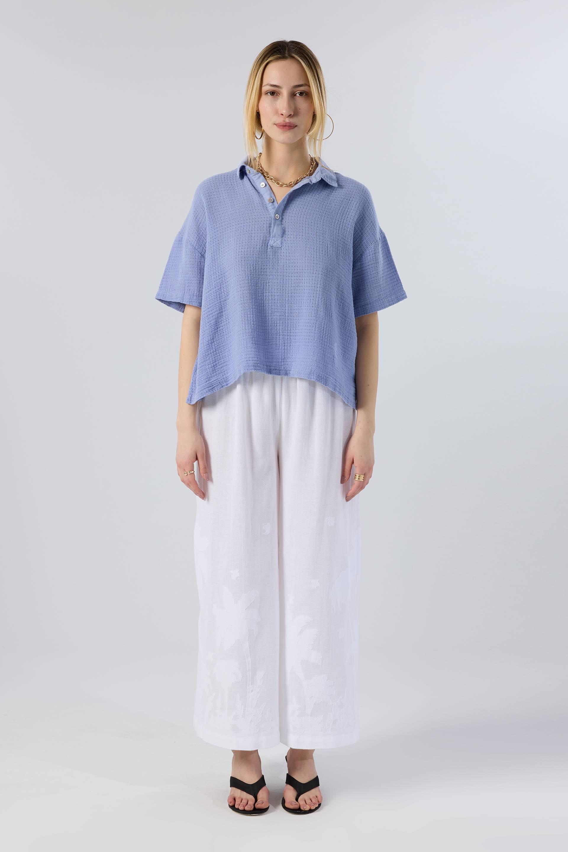 Palmiye Desenli Etamin Dokulu Kadın Pantolon #renk_Beyaz