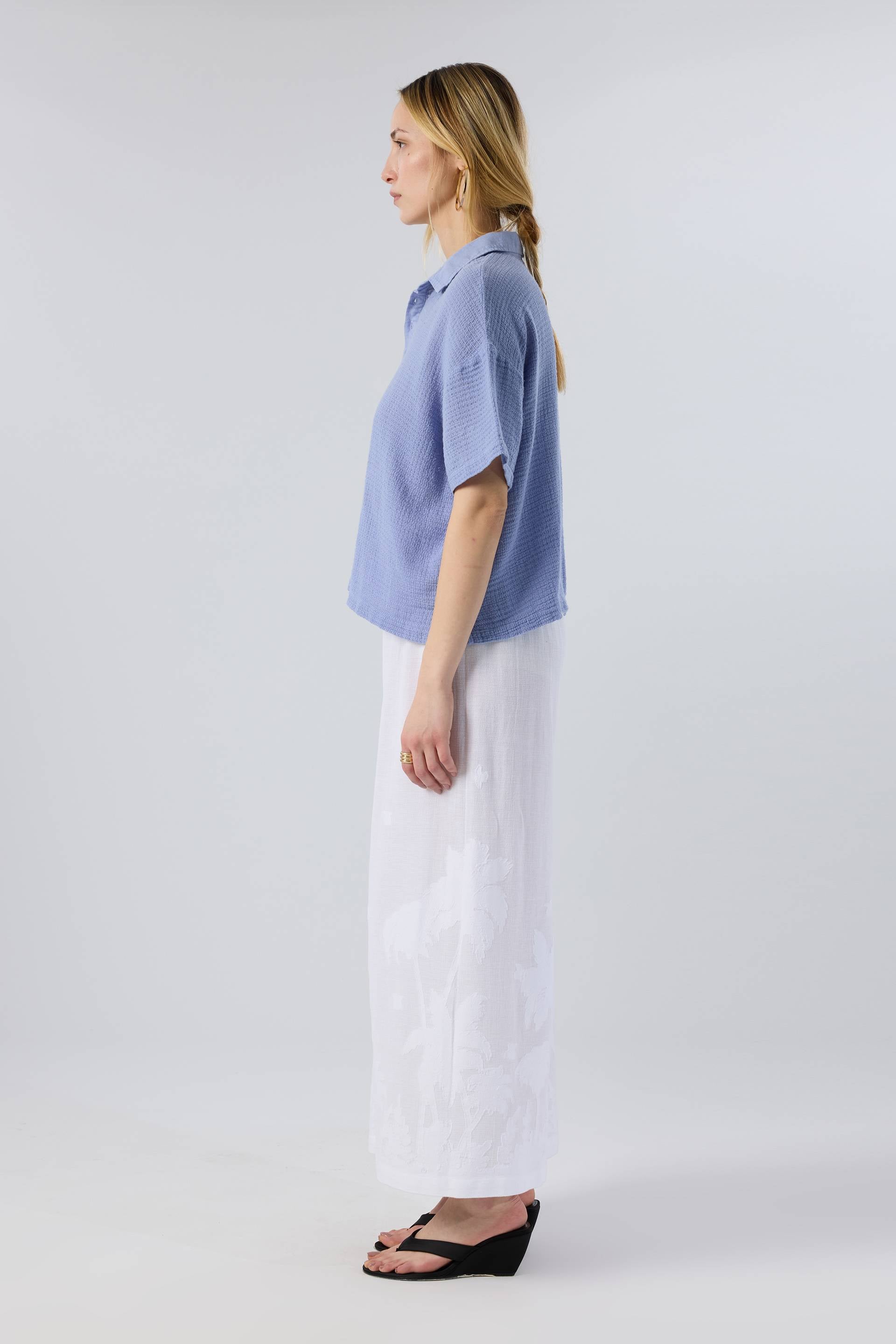 Palmiye Desenli Etamin Dokulu Kadın Pantolon #renk_Beyaz