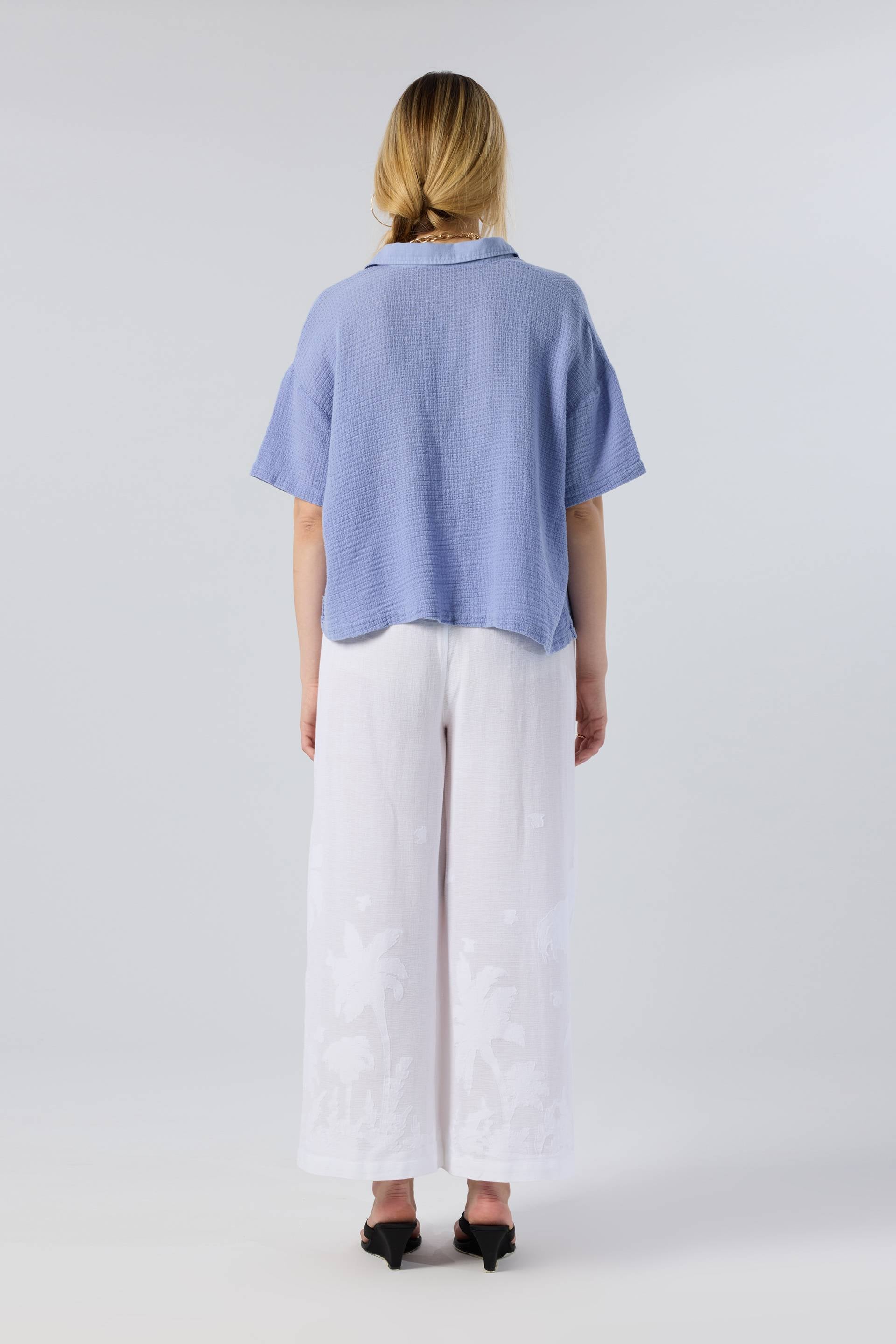 Palmiye Desenli Etamin Dokulu Kadın Pantolon #renk_Beyaz