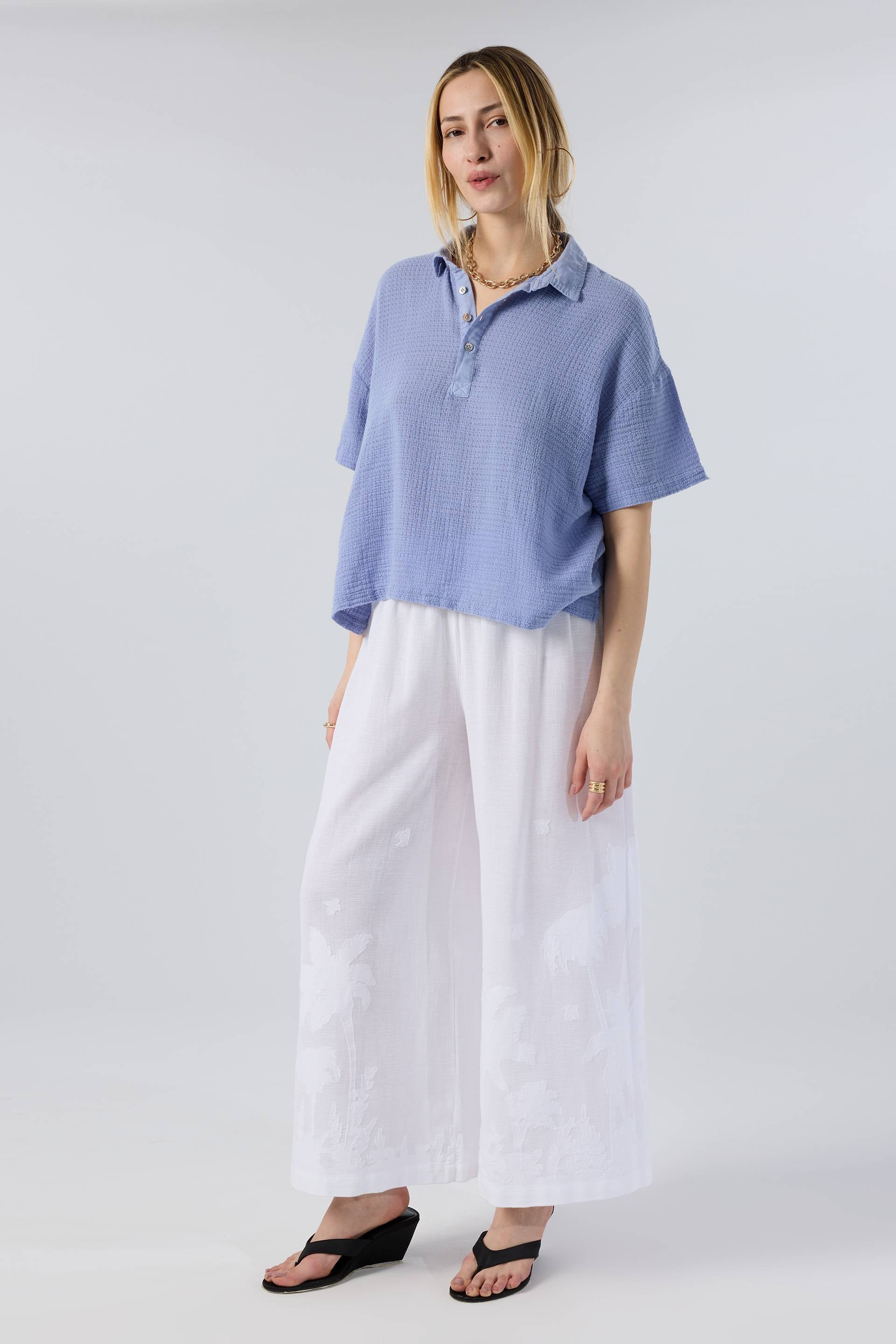 Palmiye Desenli Etamin Dokulu Kadın Pantolon #renk_Beyaz