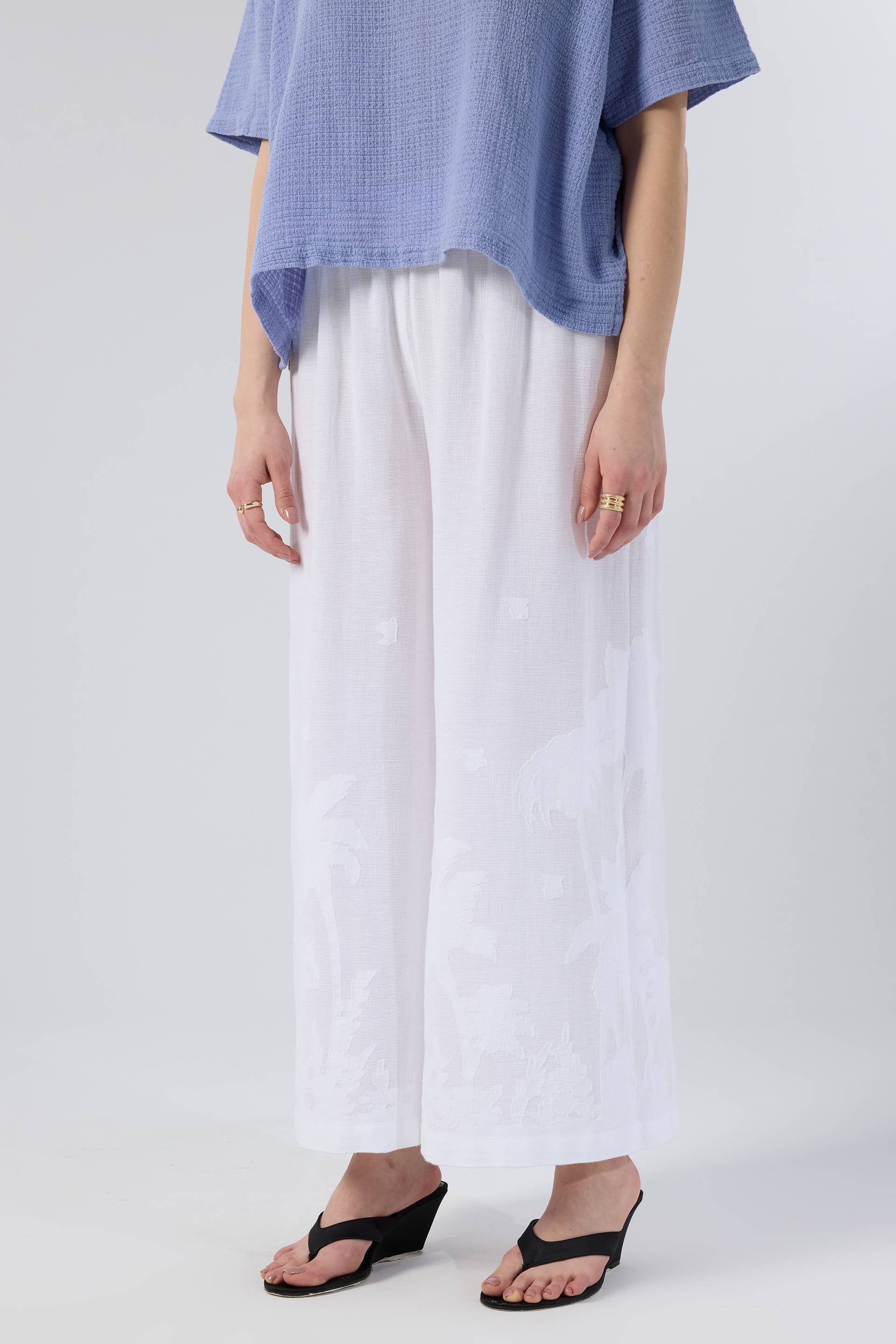 Palmiye Desenli Etamin Dokulu Kadın Pantolon #renk_Beyaz