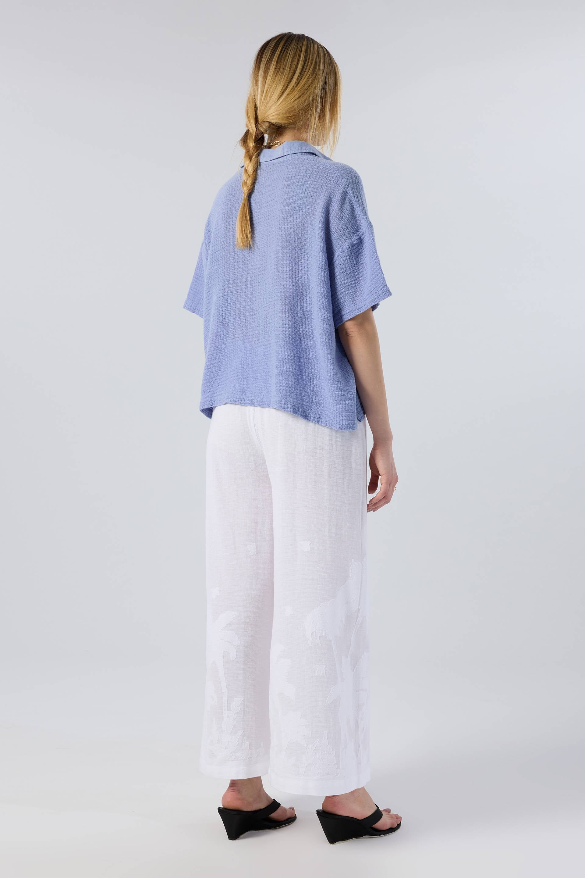 Palmiye Desenli Etamin Dokulu Kadın Pantolon #renk_Beyaz