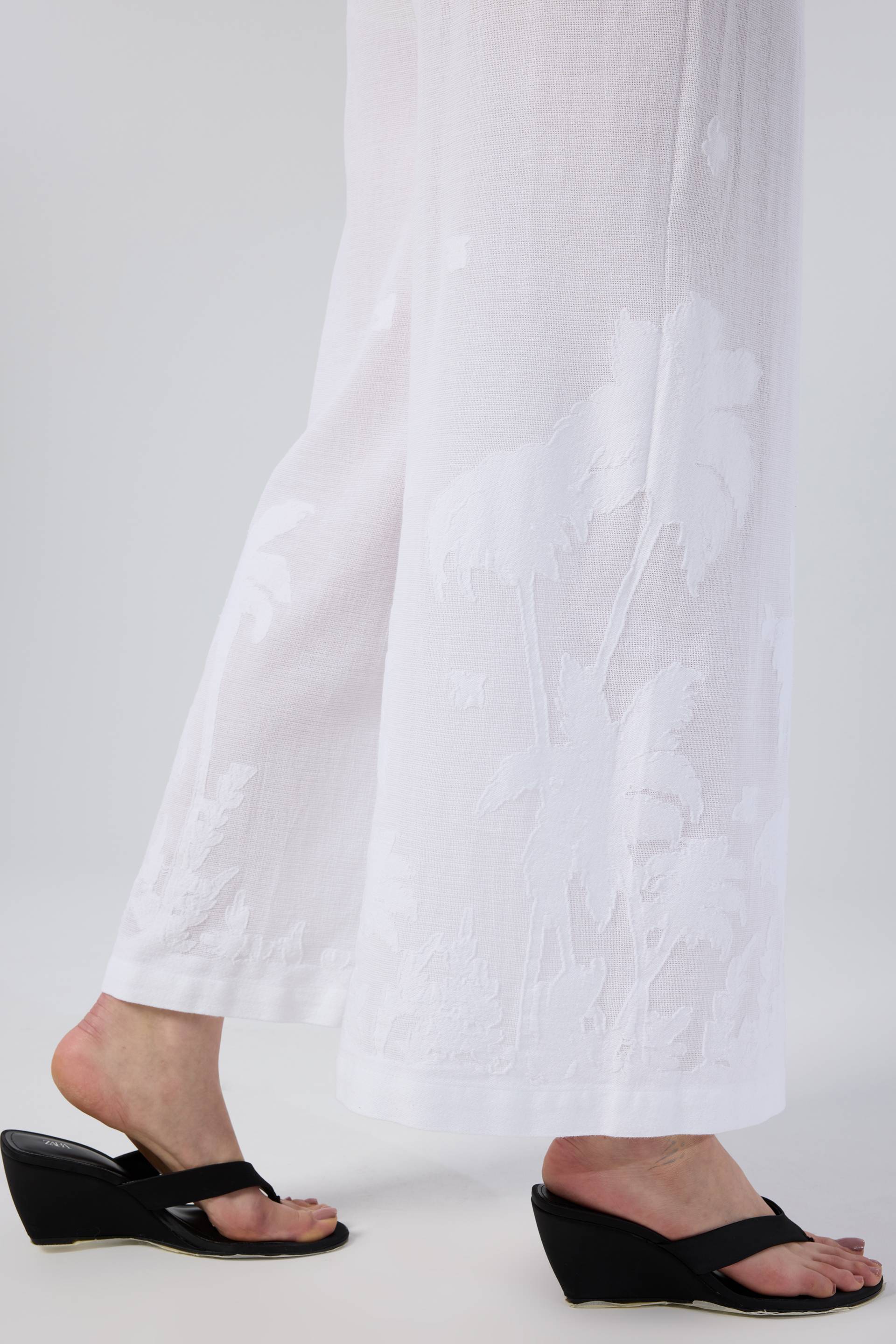 Palmiye Desenli Etamin Dokulu Kadın Pantolon #renk_Beyaz