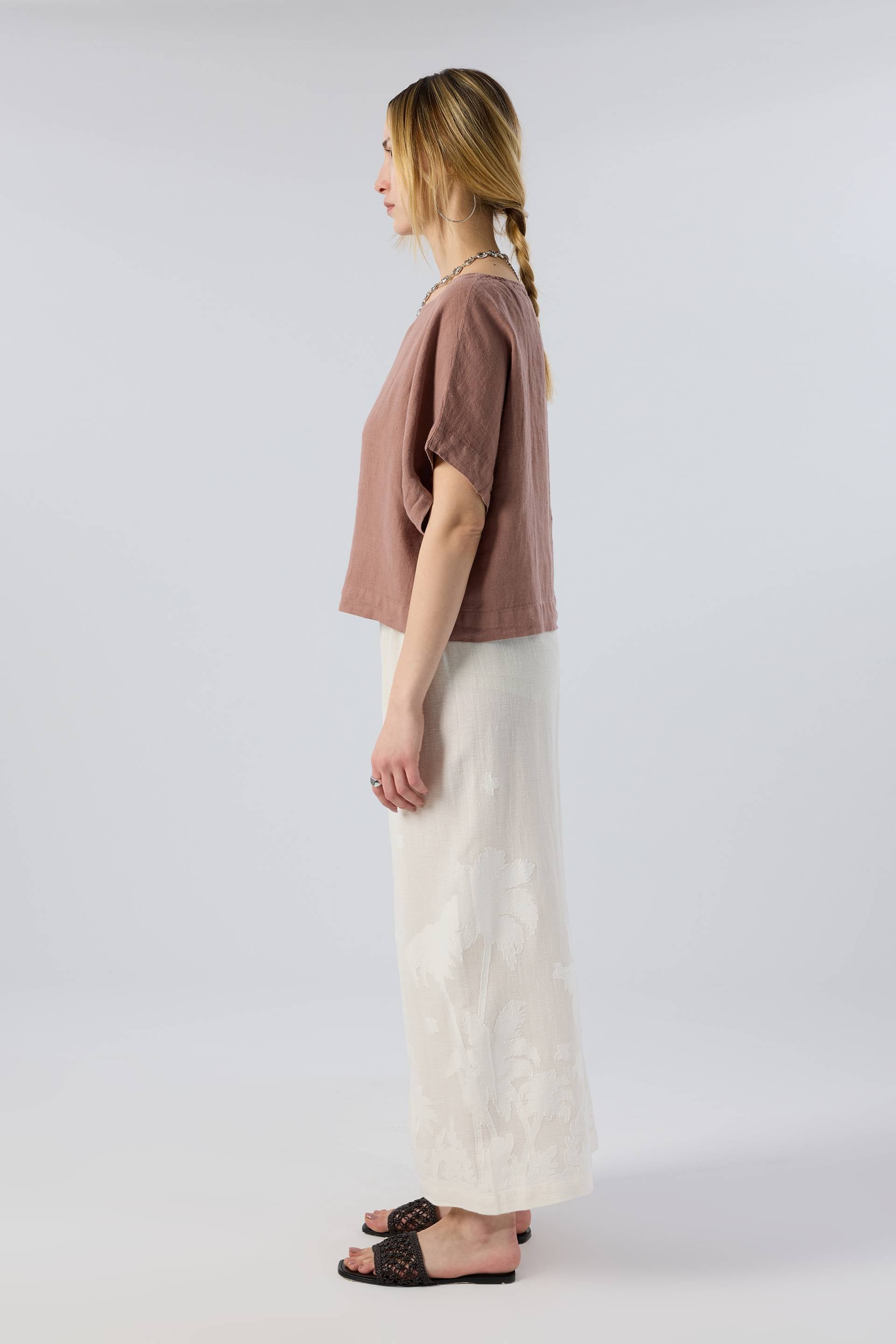 Palmiye Desenli Etamin Dokulu Kadın Pantolon #renk_Doğal