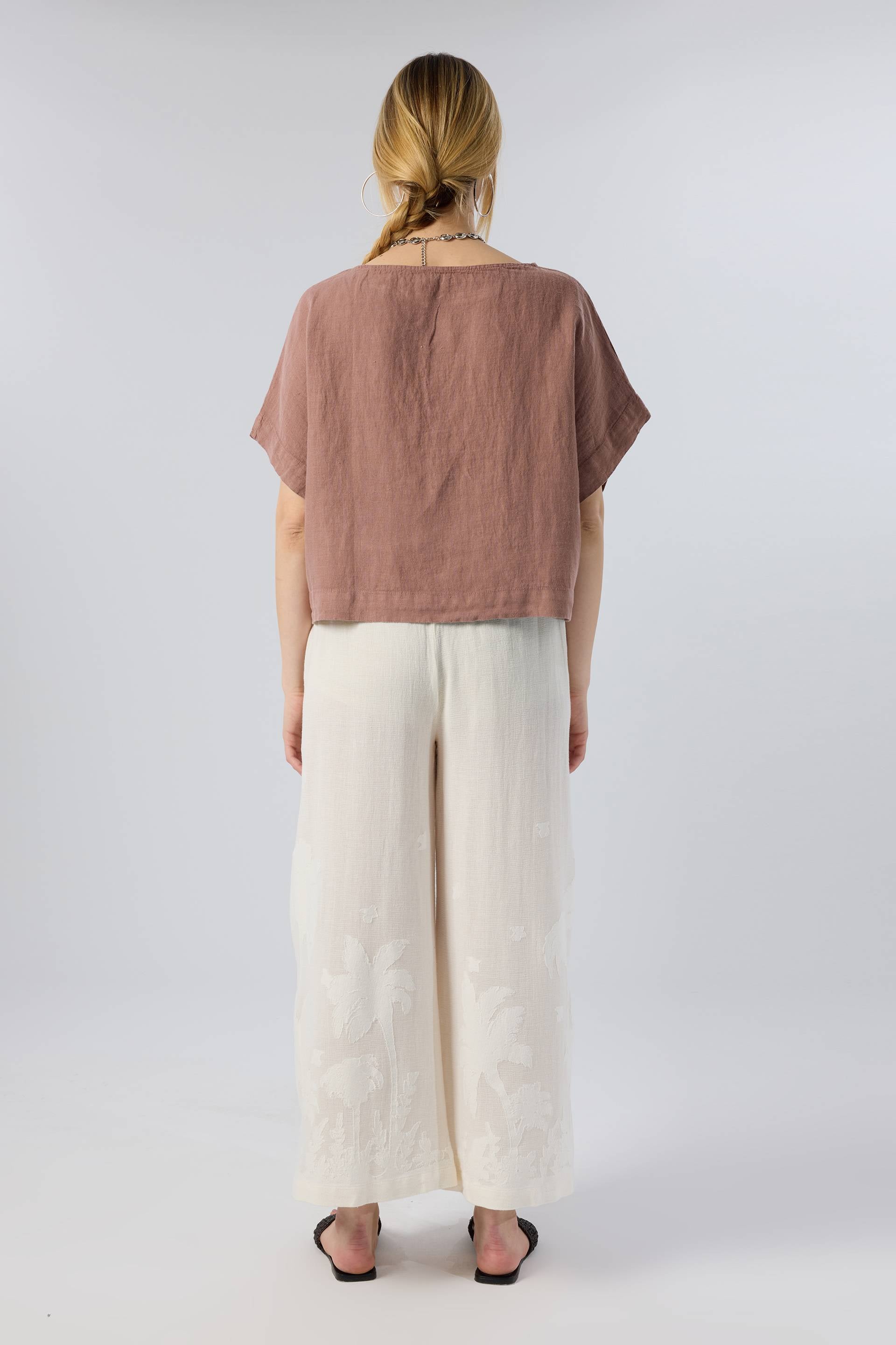 Palmiye Desenli Etamin Dokulu Kadın Pantolon #renk_Doğal