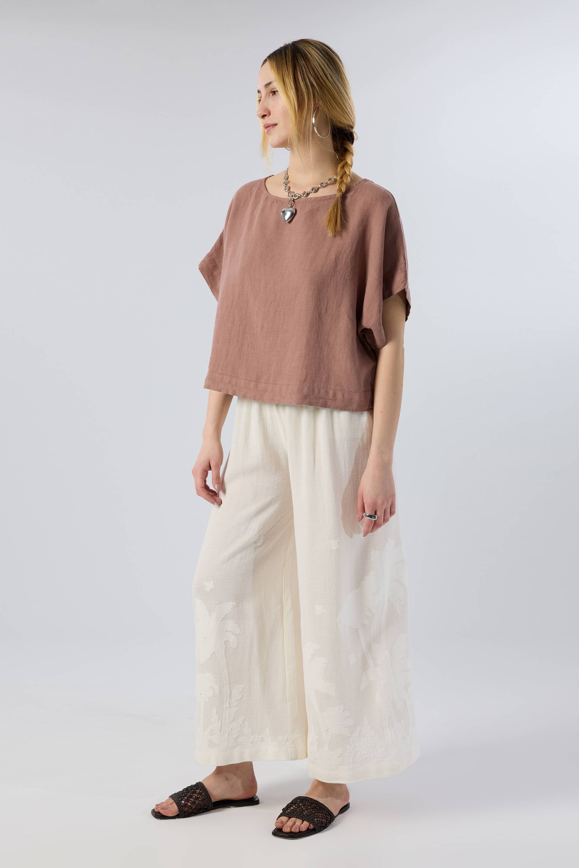 Palmiye Desenli Etamin Dokulu Kadın Pantolon #renk_Doğal