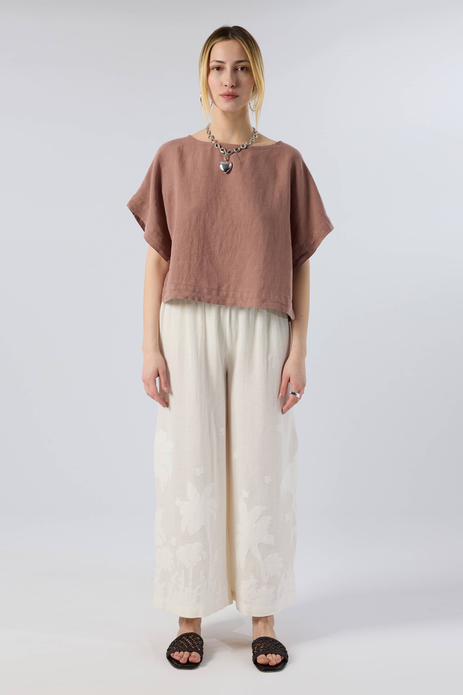 Palmiye Desenli Etamin Dokulu Kadın Pantolon #renk_Doğal