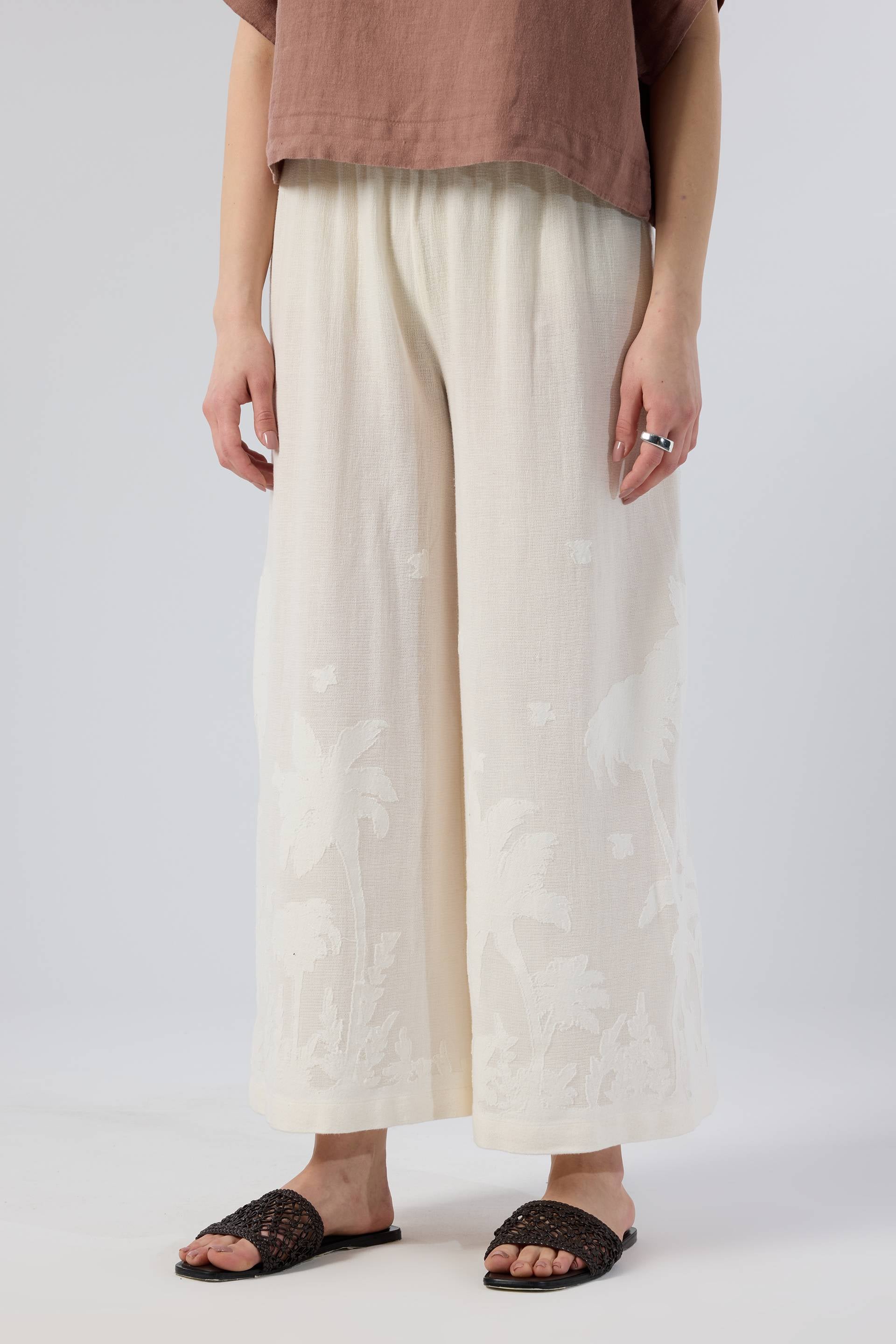 Palmiye Desenli Etamin Dokulu Kadın Pantolon #renk_Doğal