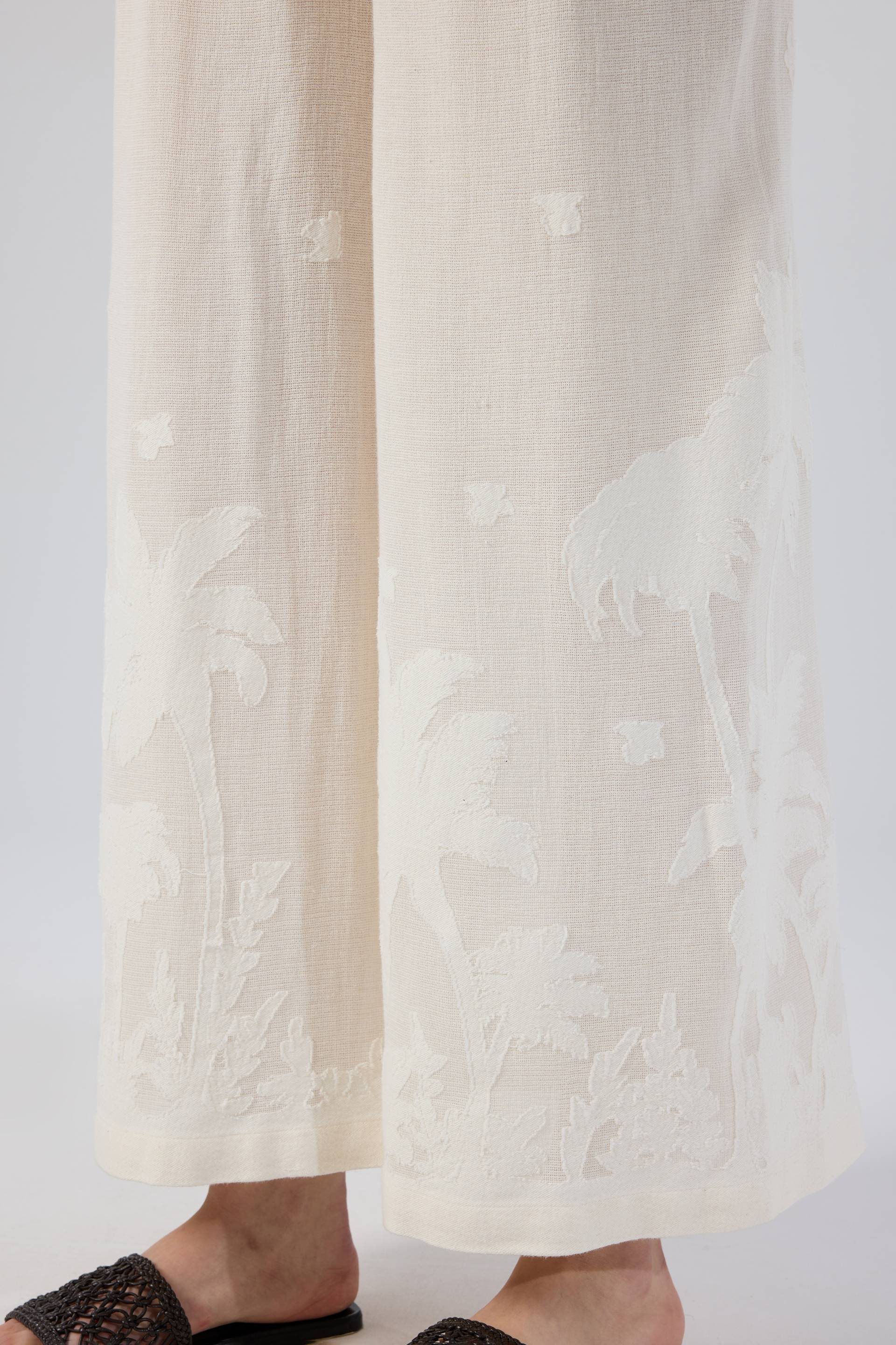 Palmiye Desenli Etamin Dokulu Kadın Pantolon #renk_Doğal