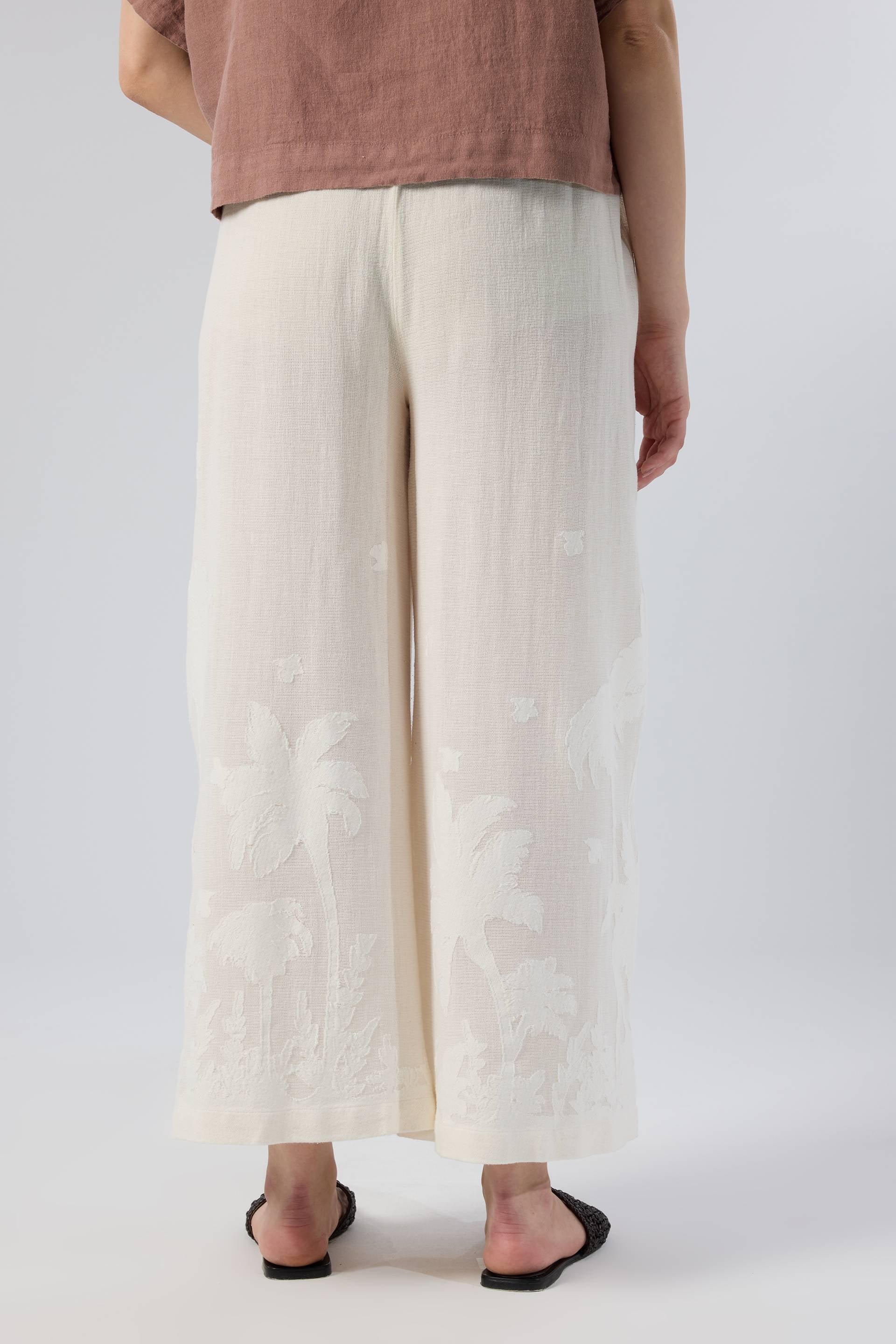 Palmiye Desenli Etamin Dokulu Kadın Pantolon #renk_Doğal