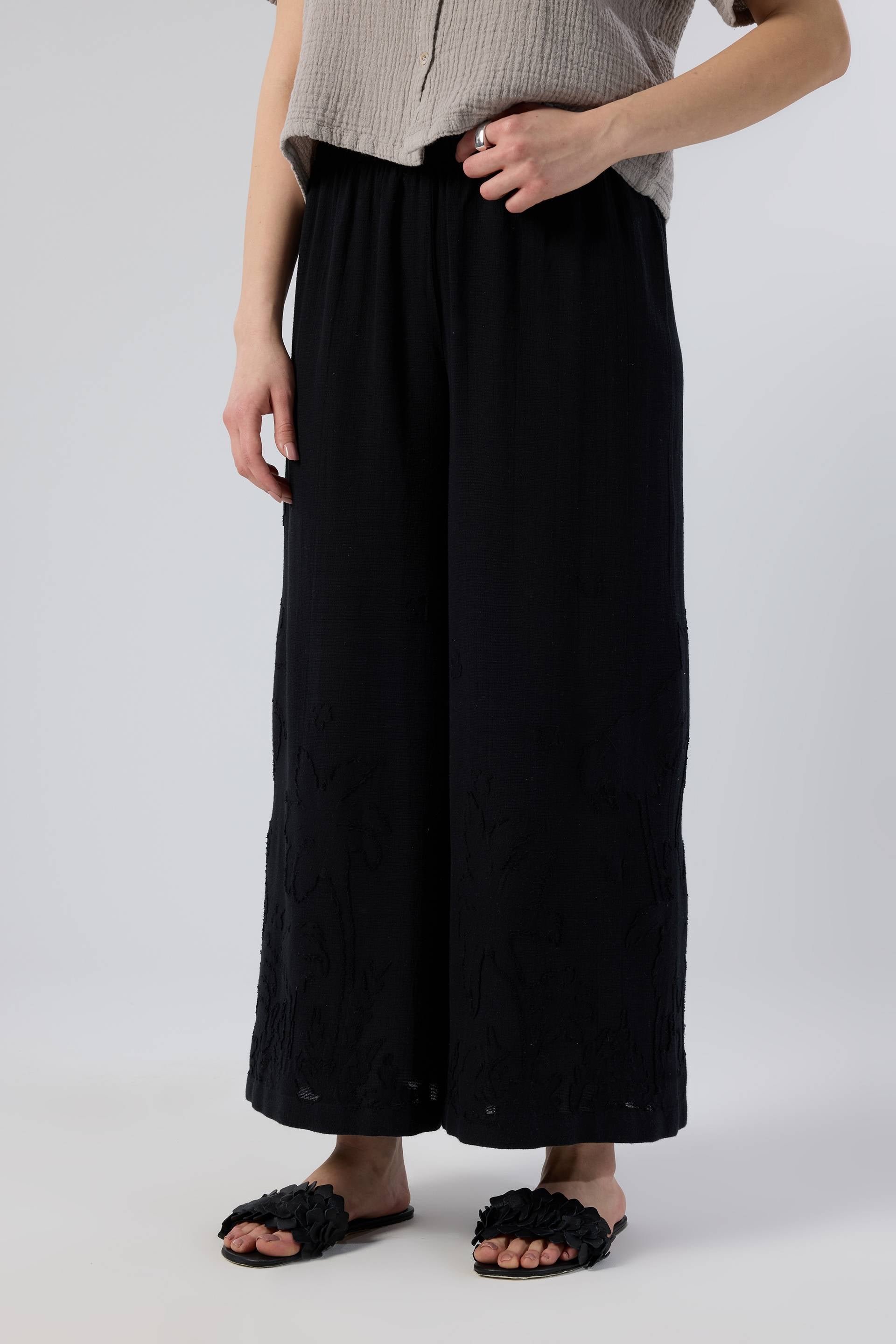 Palmiye Desenli Etamin Dokulu Kadın Geniş Paça Pantolon #renk_Siyah