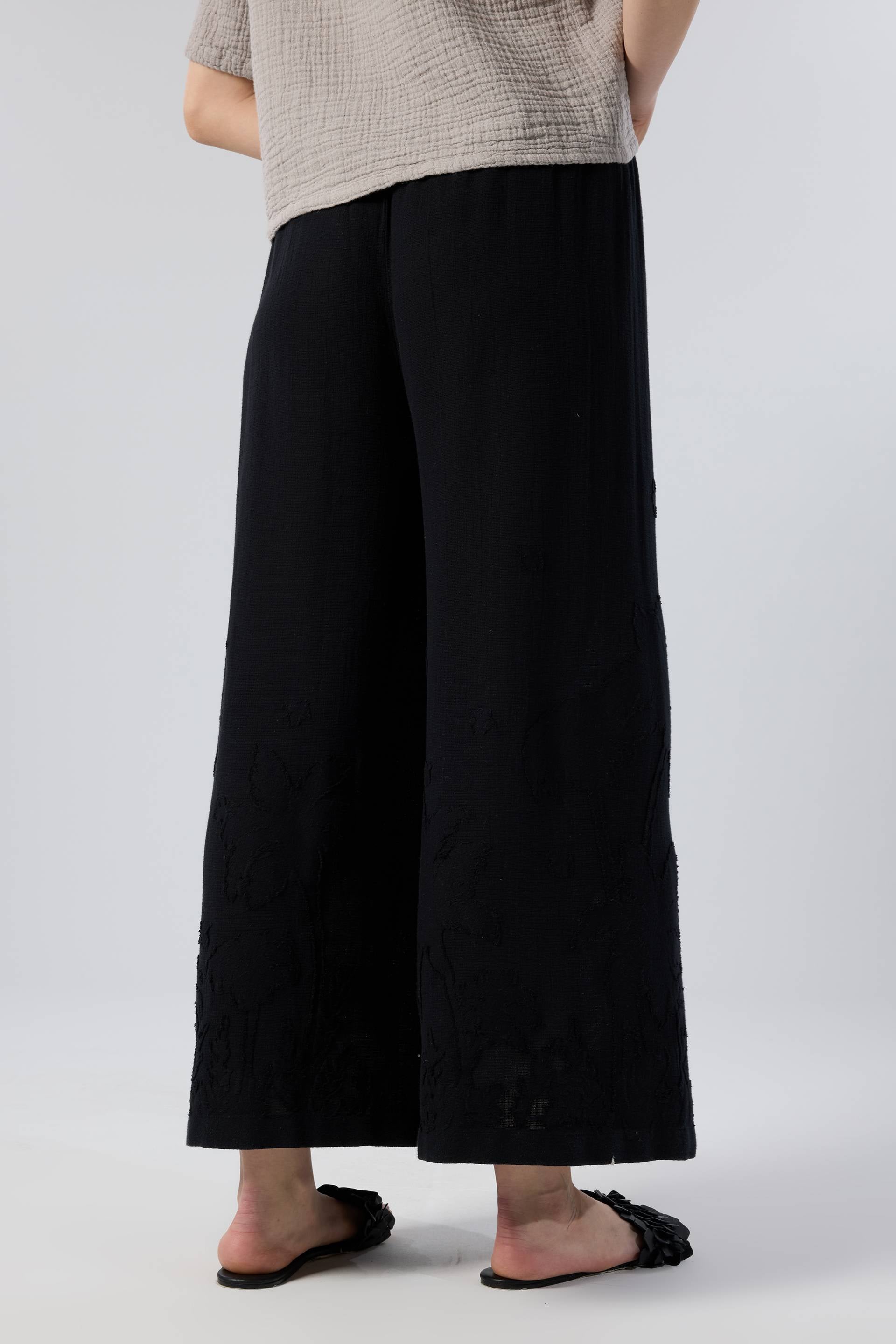 Palmiye Desenli Etamin Dokulu Kadın Geniş Paça Pantolon #renk_Siyah