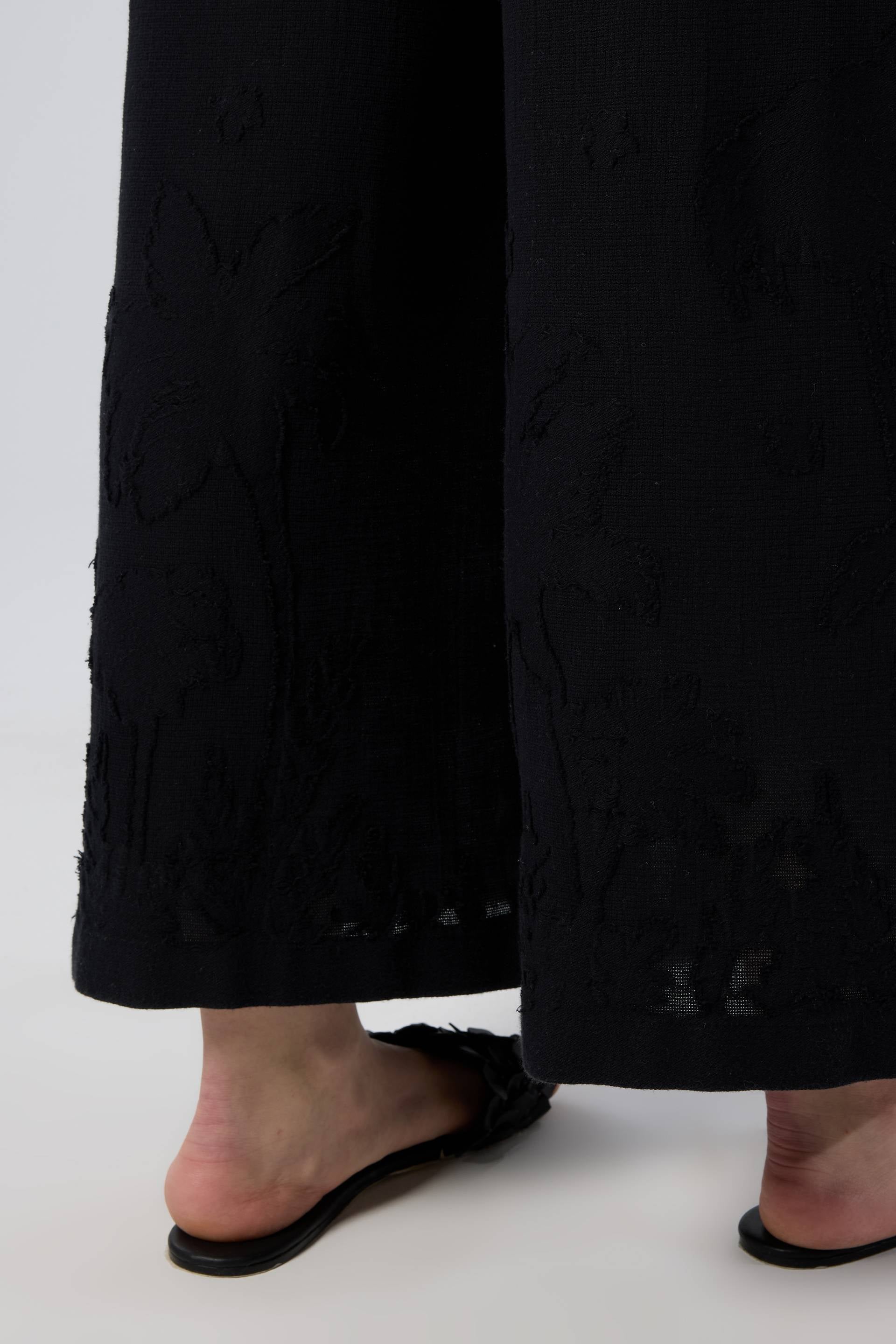 Palmiye Desenli Etamin Dokulu Kadın Geniş Paça Pantolon #renk_Siyah