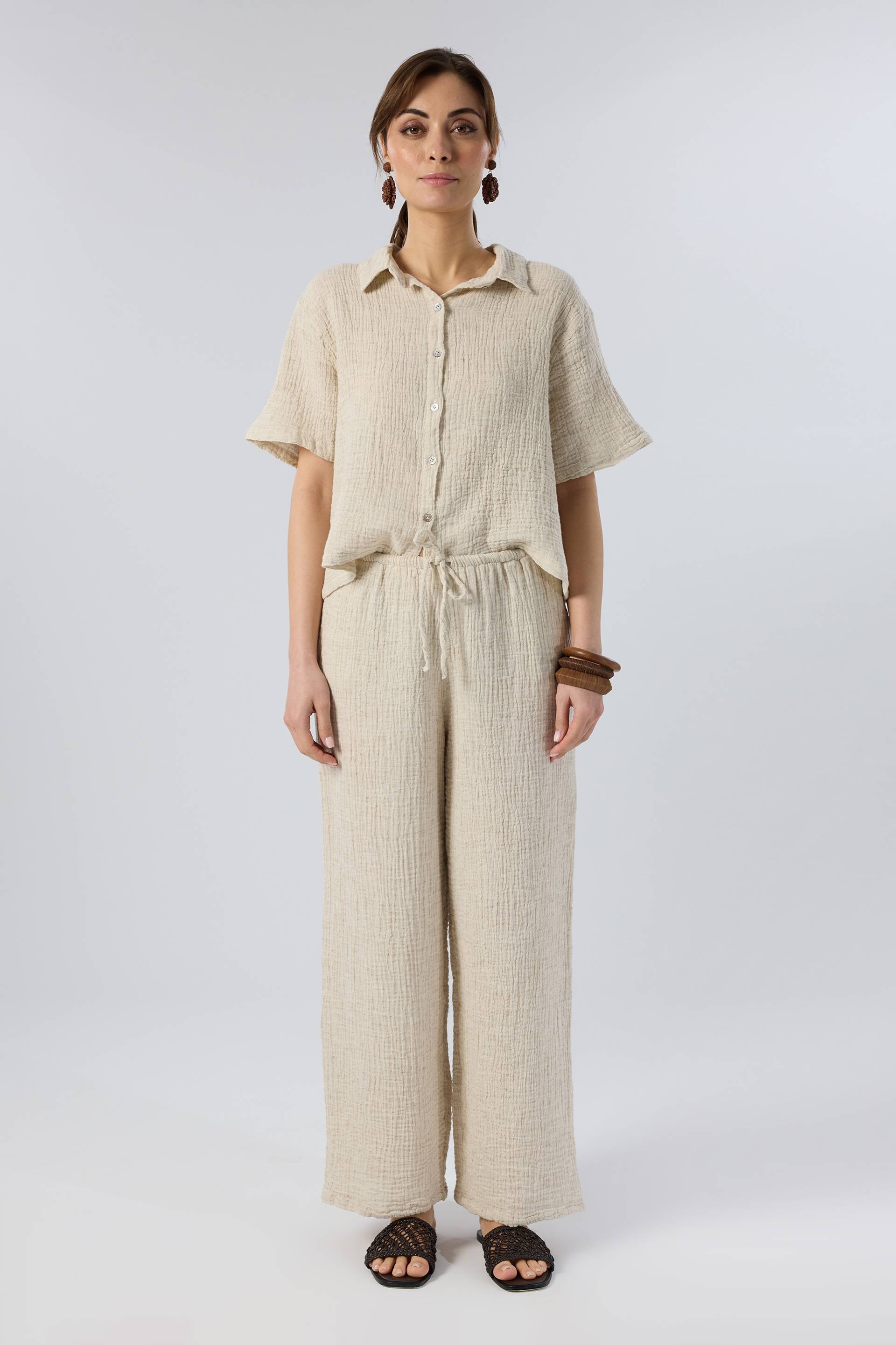 Kenevir Müslin Elastik Belli Bağcıklı Palazzo Kadın Pantolon #renk_Doğal