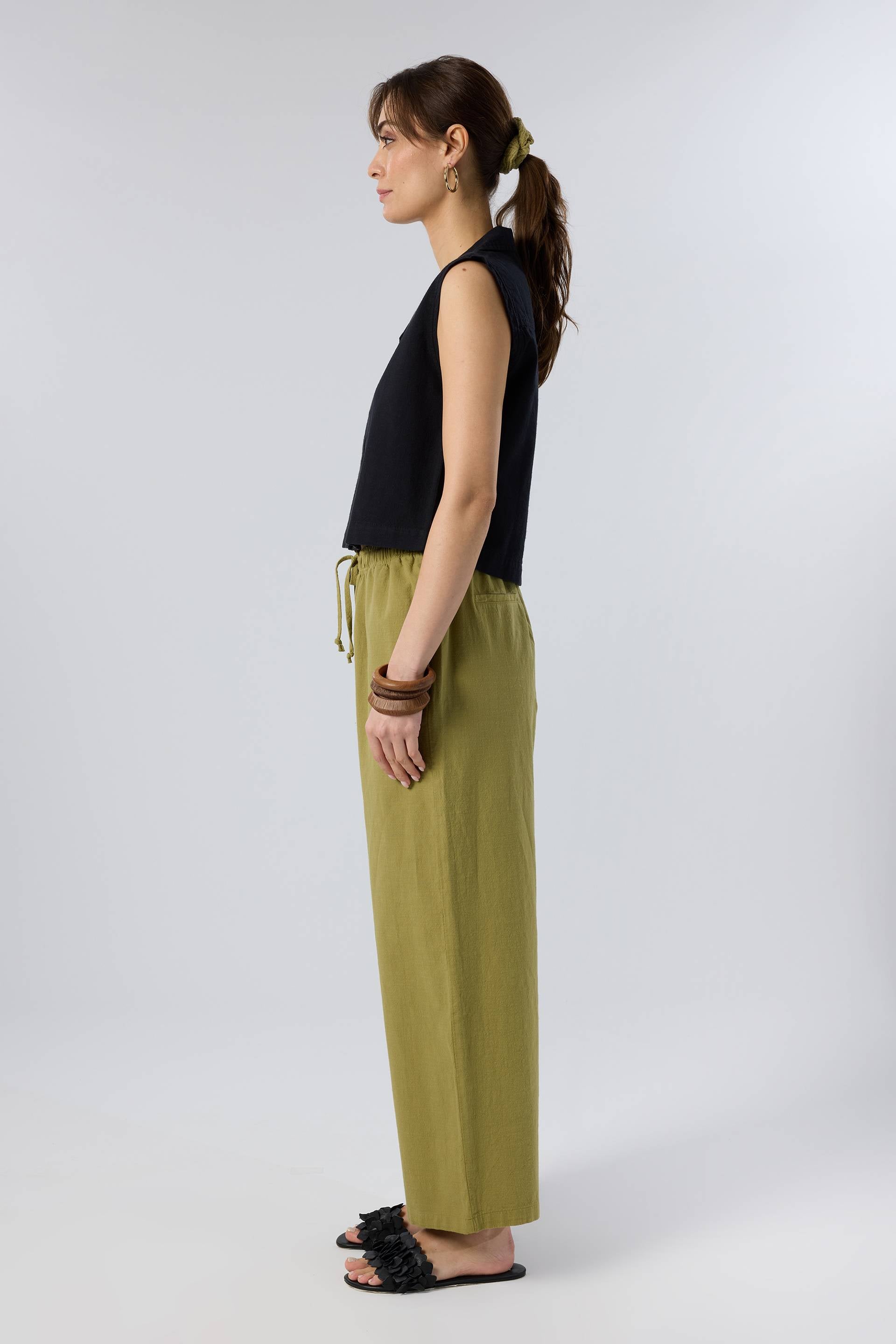 Flamlı Dokulu Pamuk Palazzo Pantolon #renk_Haki