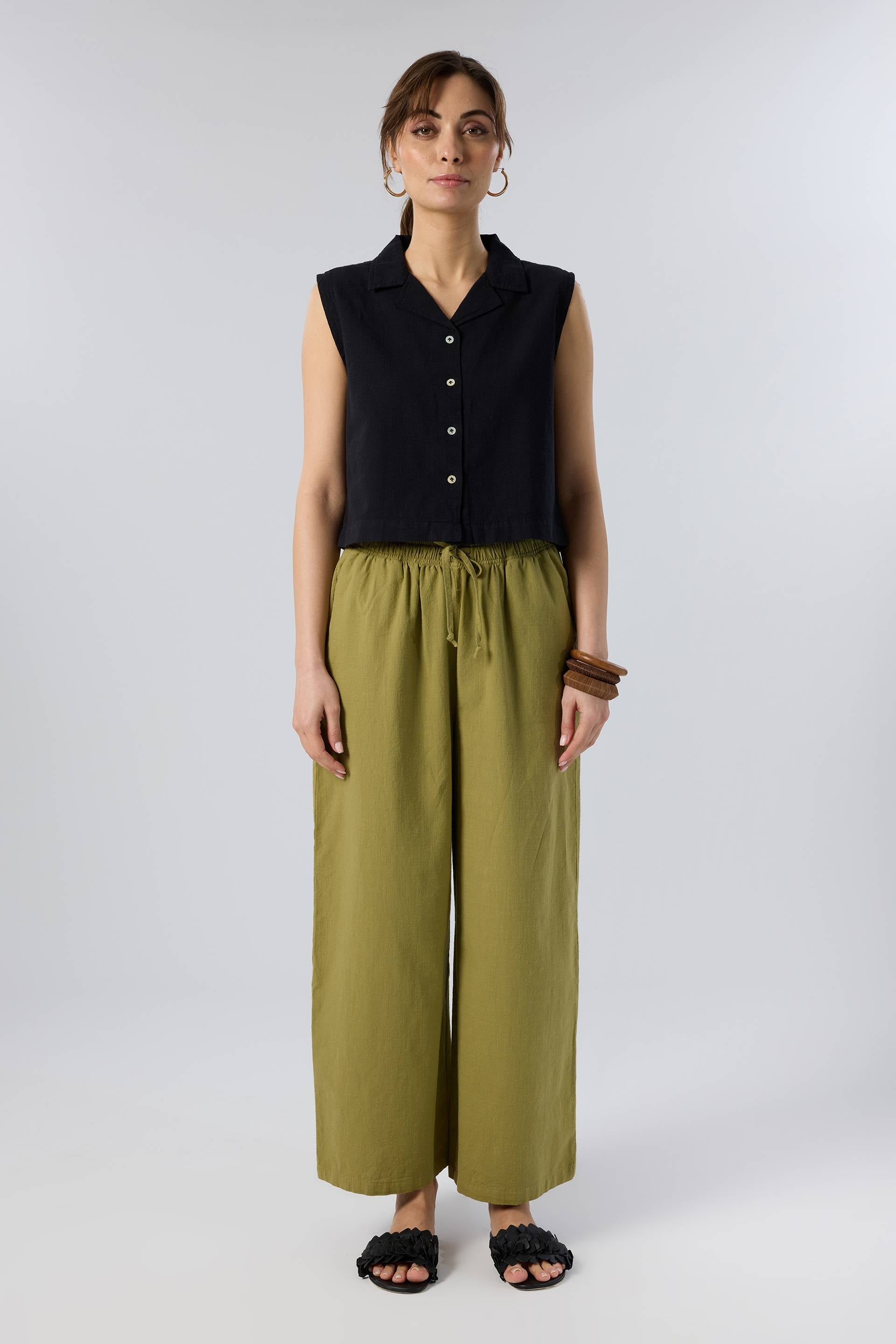 Flamlı Dokulu Pamuk Palazzo Pantolon #renk_Haki